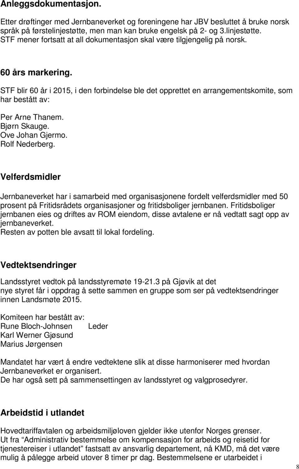 STF blir 60 år i 2015, i den forbindelse ble det opprettet en arrangementskomite, som har bestått av: Per Arne Thanem. Bjørn Skauge. Ove Johan Gjermo. Rolf Nederberg.