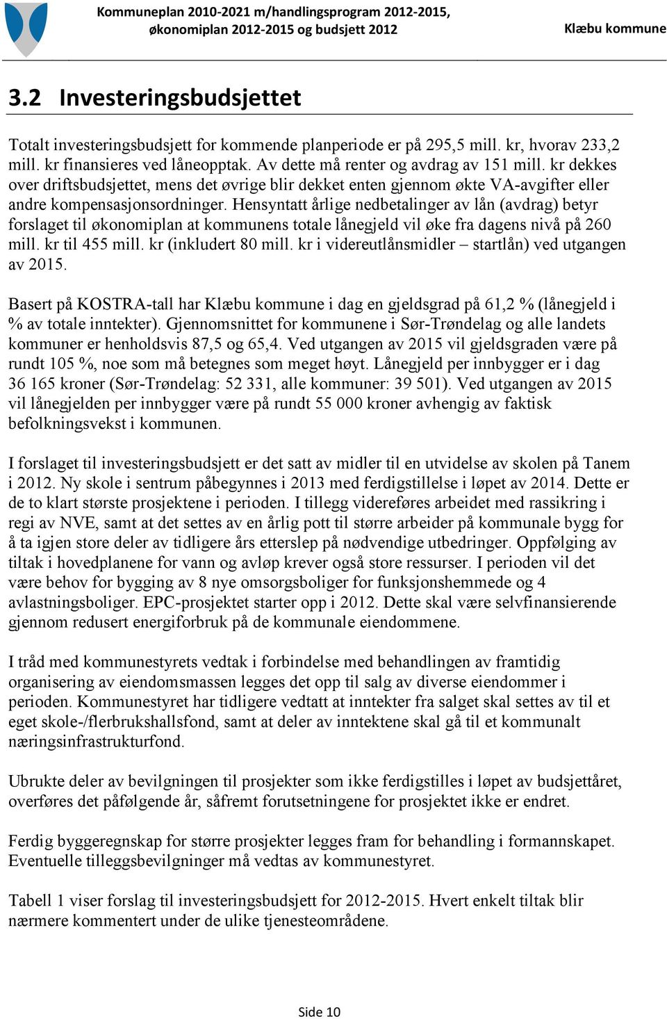 Hensyntatt årlige nedbetalinger av lån (avdrag) betyr forslaget til økonomiplan at kommunens totale lånegjeld vil øke fra dagens nivå på 260 mill. kr til 455 mill. kr (inkludert 80 mill.