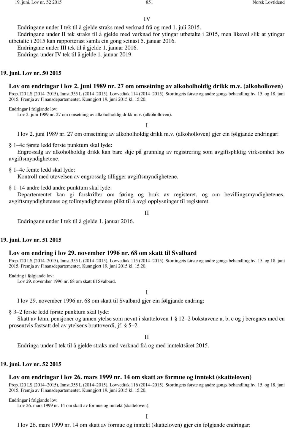 Endringane under III tek til å gjelde 1. januar 2016. Endringa under IV tek til å gjelde 1. januar 2019. 19. juni. Lov nr. 50 2015 Lov om endringar i lov 2. juni 1989 nr.