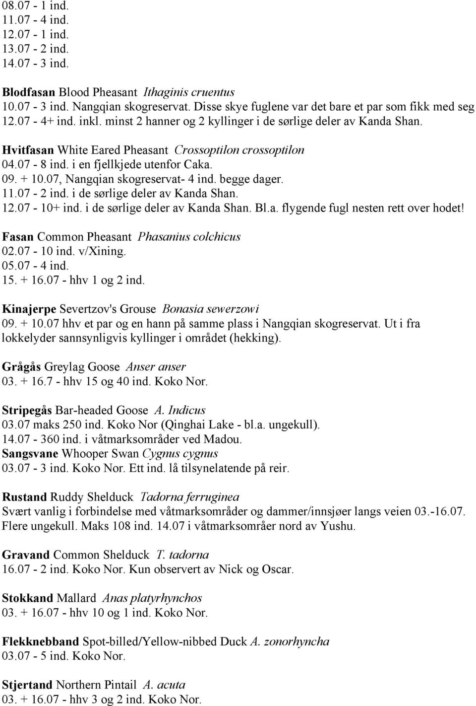 07-8 ind. i en fjellkjede utenfor Caka. 09. + 10.07, Nangqian skogreservat- 4 ind. begge dager. 11.07-2 ind. i de sørlige deler av Kanda Shan. 12.07-10+ ind. i de sørlige deler av Kanda Shan. Bl.a. flygende fugl nesten rett over hodet!