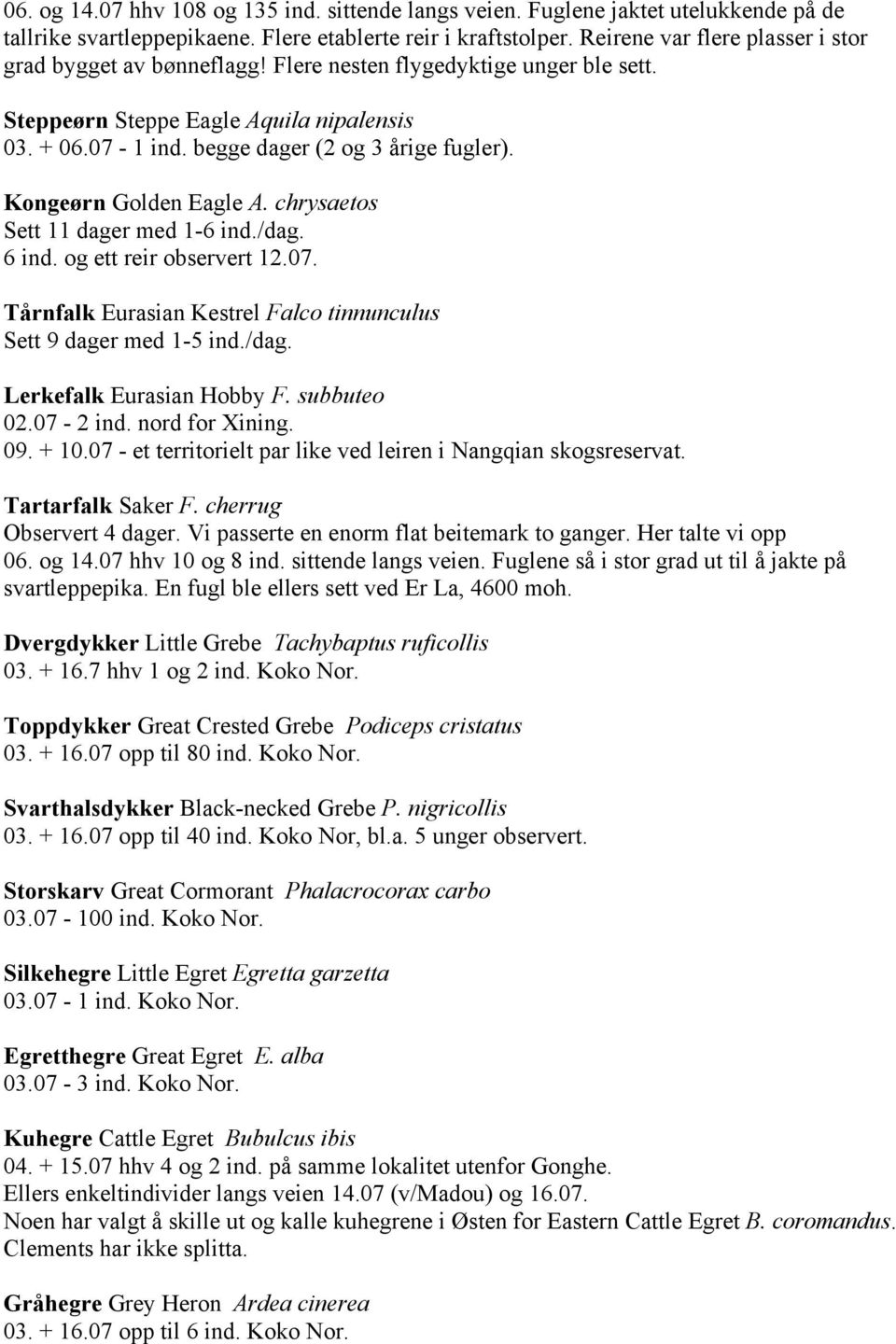 Kongeørn Golden Eagle A. chrysaetos Sett 11 dager med 1-6 ind./dag. 6 ind. og ett reir observert 12.07. Tårnfalk Eurasian Kestrel Falco tinnunculus Sett 9 dager med 1-5 ind./dag. Lerkefalk Eurasian Hobby F.