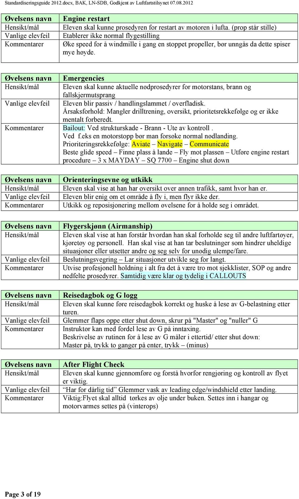 Emergencies Eleven skal kunne aktuelle nødprosedyrer for motorstans, brann og fallskjermutsprang Eleven blir passiv / handlingslammet / overfladisk.