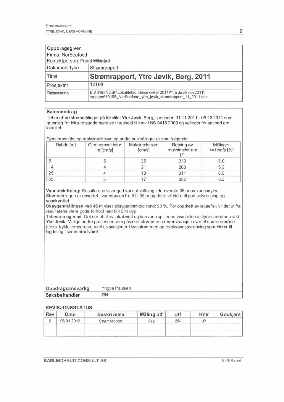 doc Sammendrag Det er utført strømmålinger på lokalitet Ytre Jøvik, Berg, i perioden 01. 11.201 1-06.12.