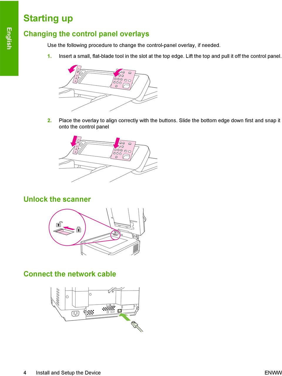 Lift the top and pull it off the control panel. 2. Place the overlay to align correctly with the buttons.