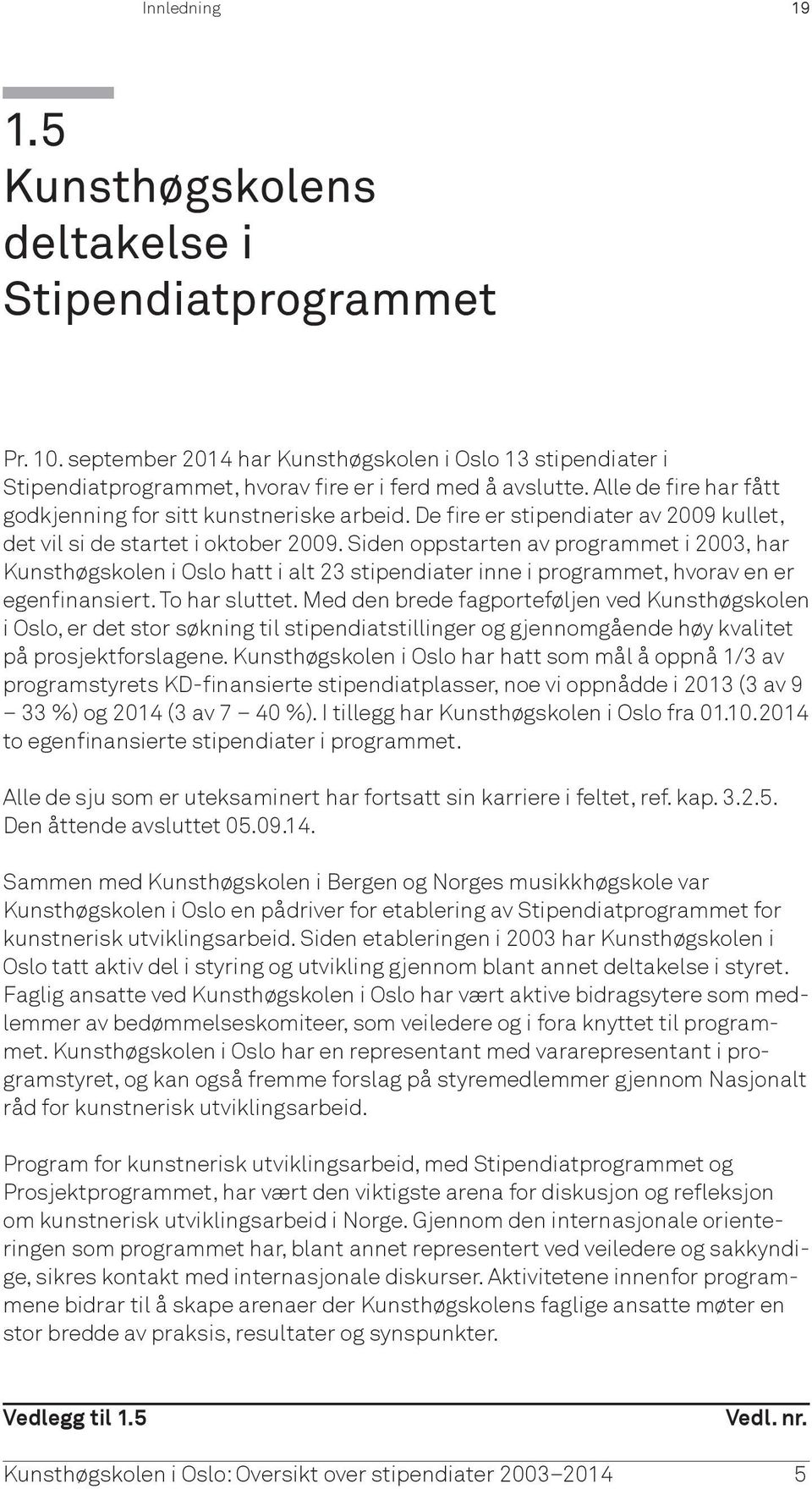 Siden oppstarten av programmet i 2003, har Kunsthøgskolen i Oslo hatt i alt 23 stipendiater inne i programmet, hvorav en er egenfinansiert. To har sluttet.