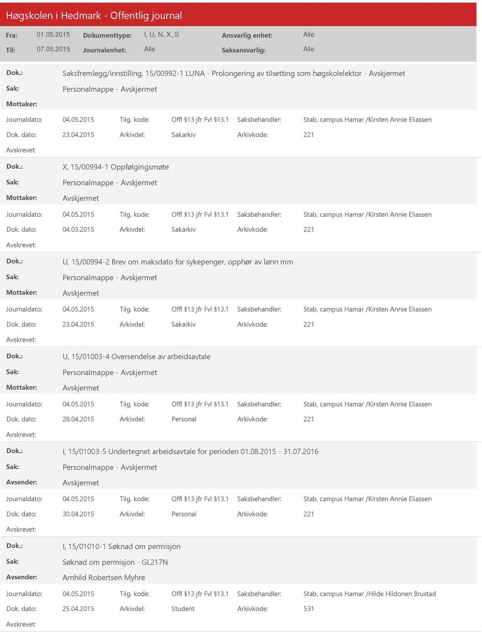 dato: 28.04.2015 Arkivdel: Personal I, 15/01003-5 ndertegnet arbeidsavtale for perioden 01.08.2015-31.07.2016 Dok. dato: 30.04.2015 Arkivdel: Personal I, 15/01010-1 Søknad om permisjon Søknad om permisjon - GL217N Arnhild Robertsen Myhre Stab, campus Hamar /Hilde Hildonen Brustad Dok.