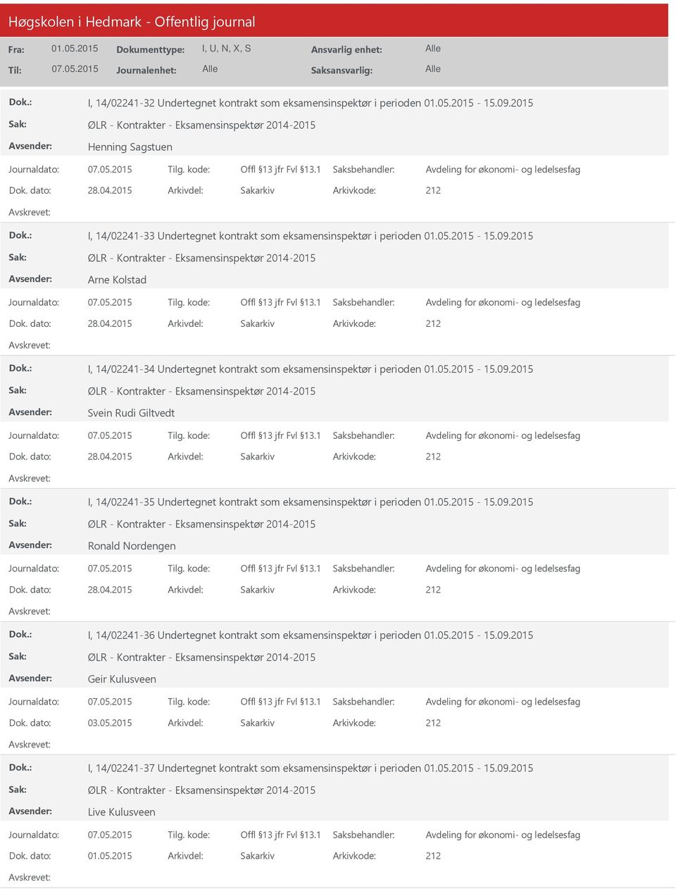 2015 Arne Kolstad I, 14/02241-34 ndertegnet kontrakt som eksamensinspektør i perioden - 15.09.