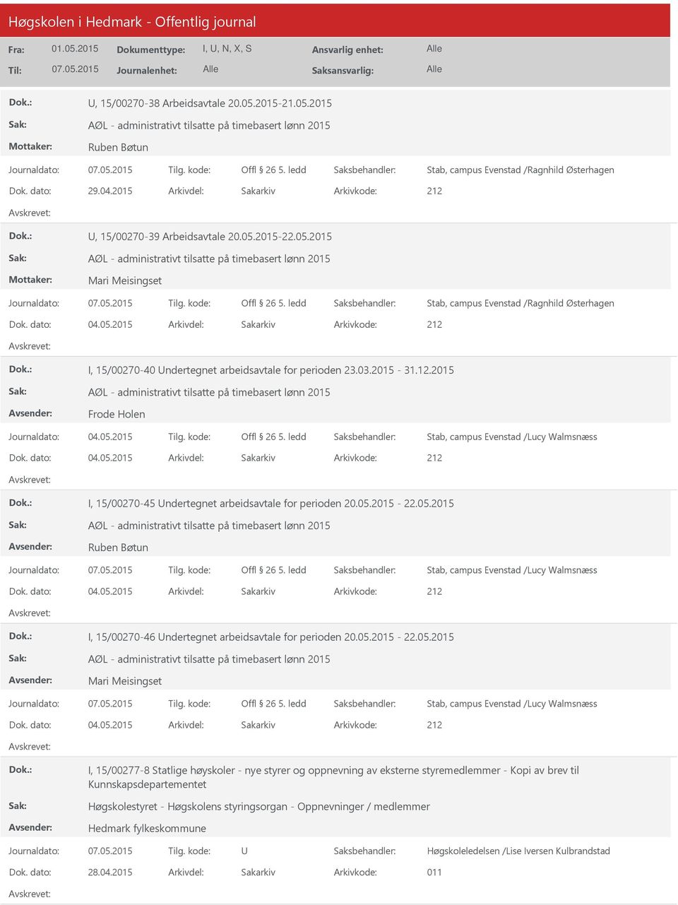 ledd Stab, campus Evenstad /Ragnhild Østerhagen I, 15/00270-40 ndertegnet arbeidsavtale for perioden 23.03.2015-31.12.2015 AØL - administrativt tilsatte på timebasert lønn 2015 Frode Holen Offl 26 5.