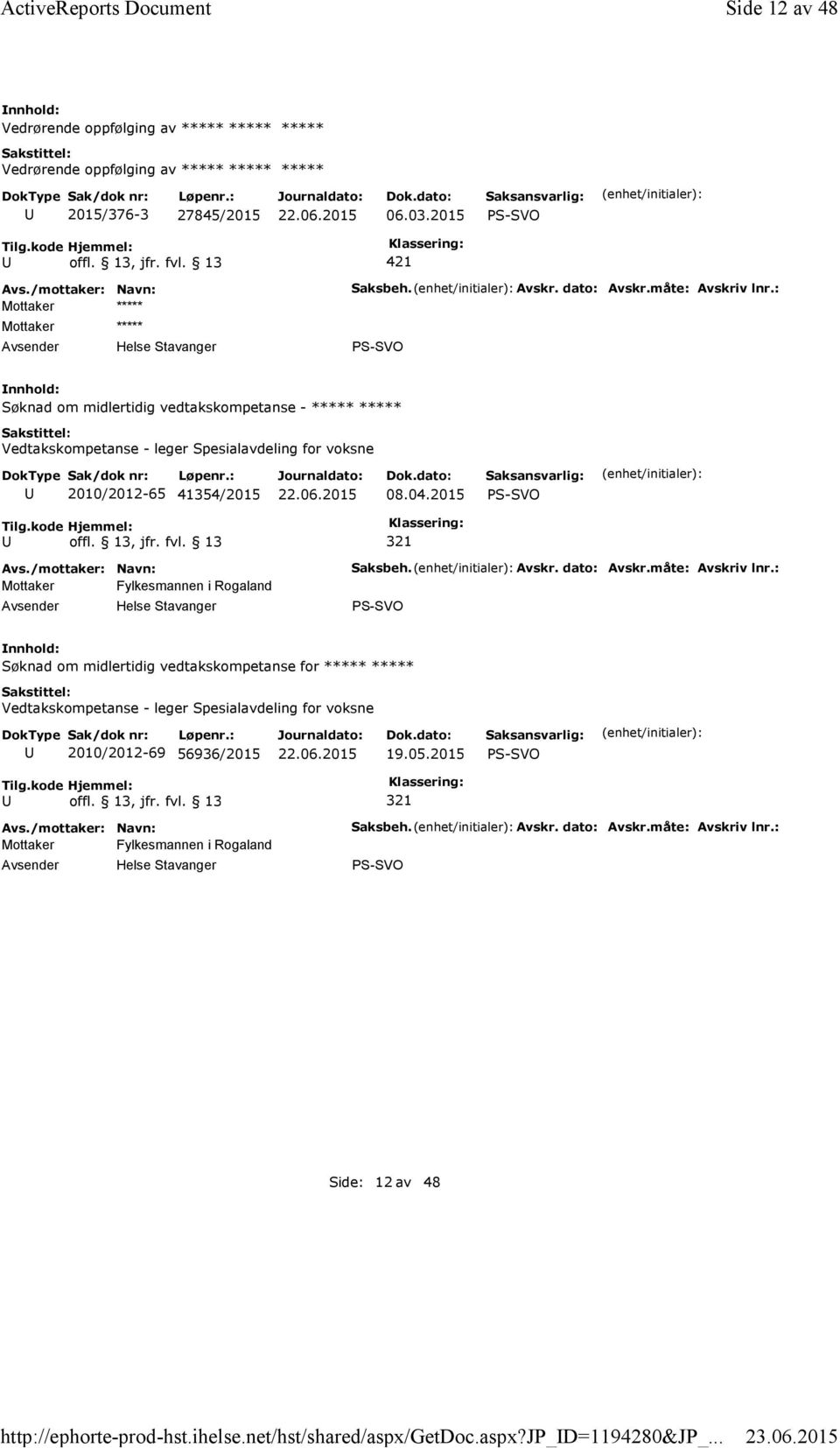 dato: Avskr.måte: Avskriv lnr.: Søknad om midlertidig vedtakskompetanse - ***** ***** Vedtakskompetanse - leger Spesialavdeling for voksne 2010/2012-65 41354/2015 08.04.