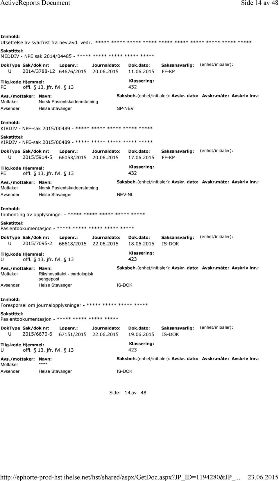 13 432 Mottaker Norsk Pasientskadeerstatning Saksbeh. Avskr. dato: Avskr.måte: Avskriv lnr.