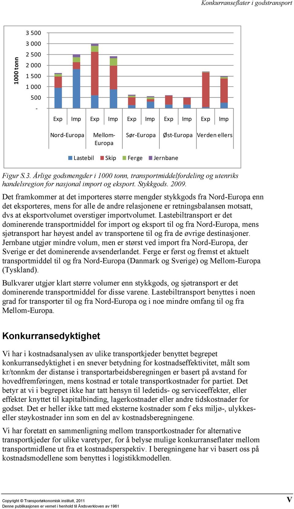 Det framkommer at det importeres større mengder stykkgods fra Nord-Europa enn det eksporteres, mens for alle de andre relasjonene er retningsbalansen motsatt, dvs at eksportvolumet overstiger