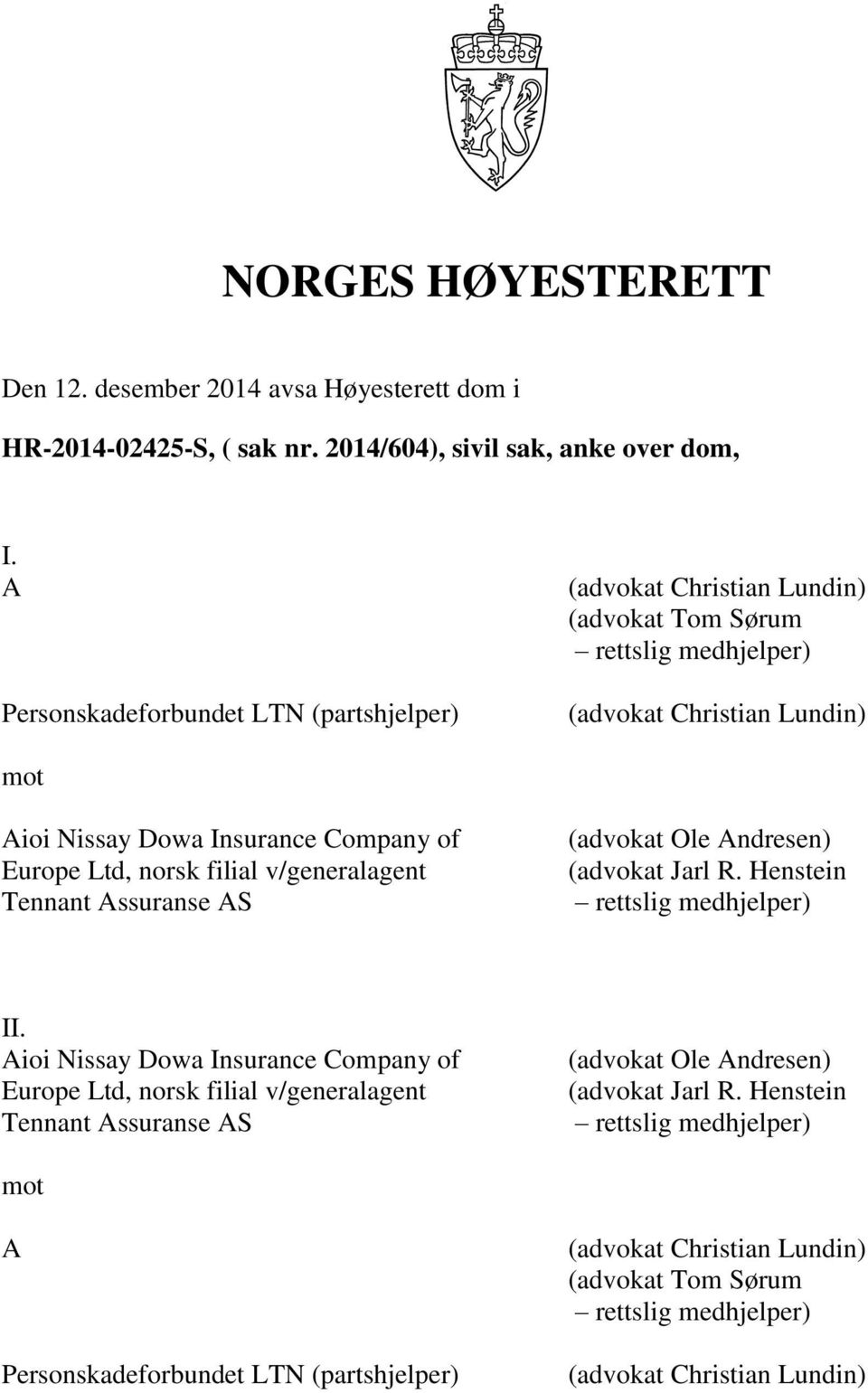 Ltd, norsk filial v/generalagent Tennant Assuranse AS (advokat Ole Andresen) (advokat Jarl R. Henstein rettslig medhjelper) II.