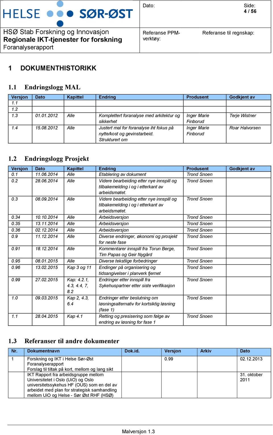 Strukturert om Inger Marie Finborud Inger Marie Finborud Terje Wistner Roar Halvorsen 1.2 Endringslogg Prosjekt Versjon Dato Kapittel Endring Produsent Godkjent av 0.1 11.06.