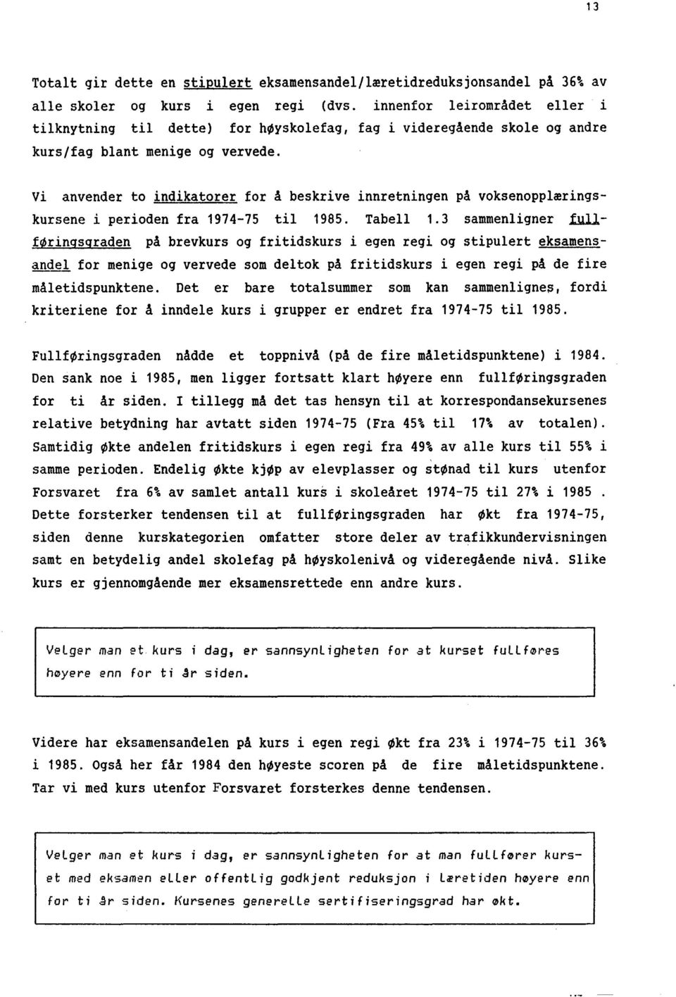 Vi anvender to indikatorer for å beskrive innretningen på voksenopplæringskursene i perioden fra 1974-75 til 1985. Tabell 1.3 sammenligner!