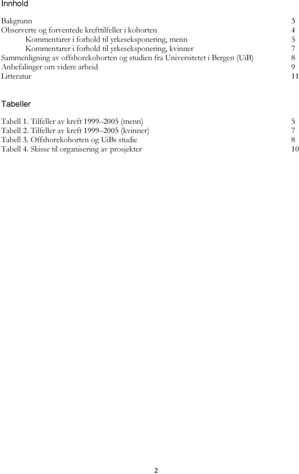 (UiB) 8 Anbefalinger om videre arbeid 9 Litteratur 11 Tabeller Tabell 1. Tilfeller av kreft 1999 2005 (menn) 5 Tabell 2.