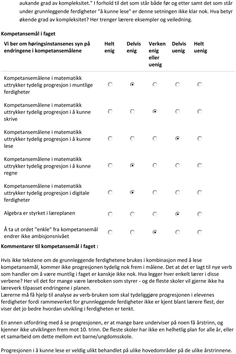 Kompetansemål i faget Vi ber om høringsinstansenes syn på endringene i kompetansemålene Verken eller Kompetansemålene i matematikk uttrykker tydelig progresjon i muntlige ferdigheter Kompetansemålene