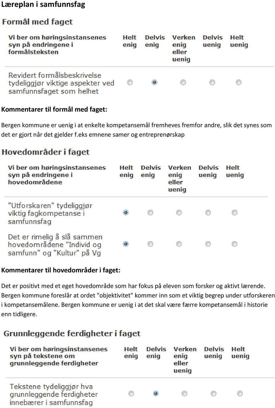 eks emnene samer og entreprenørskap Kommentarer til hovedområder i faget: Det er positivt med et eget hovedområde som har fokus på