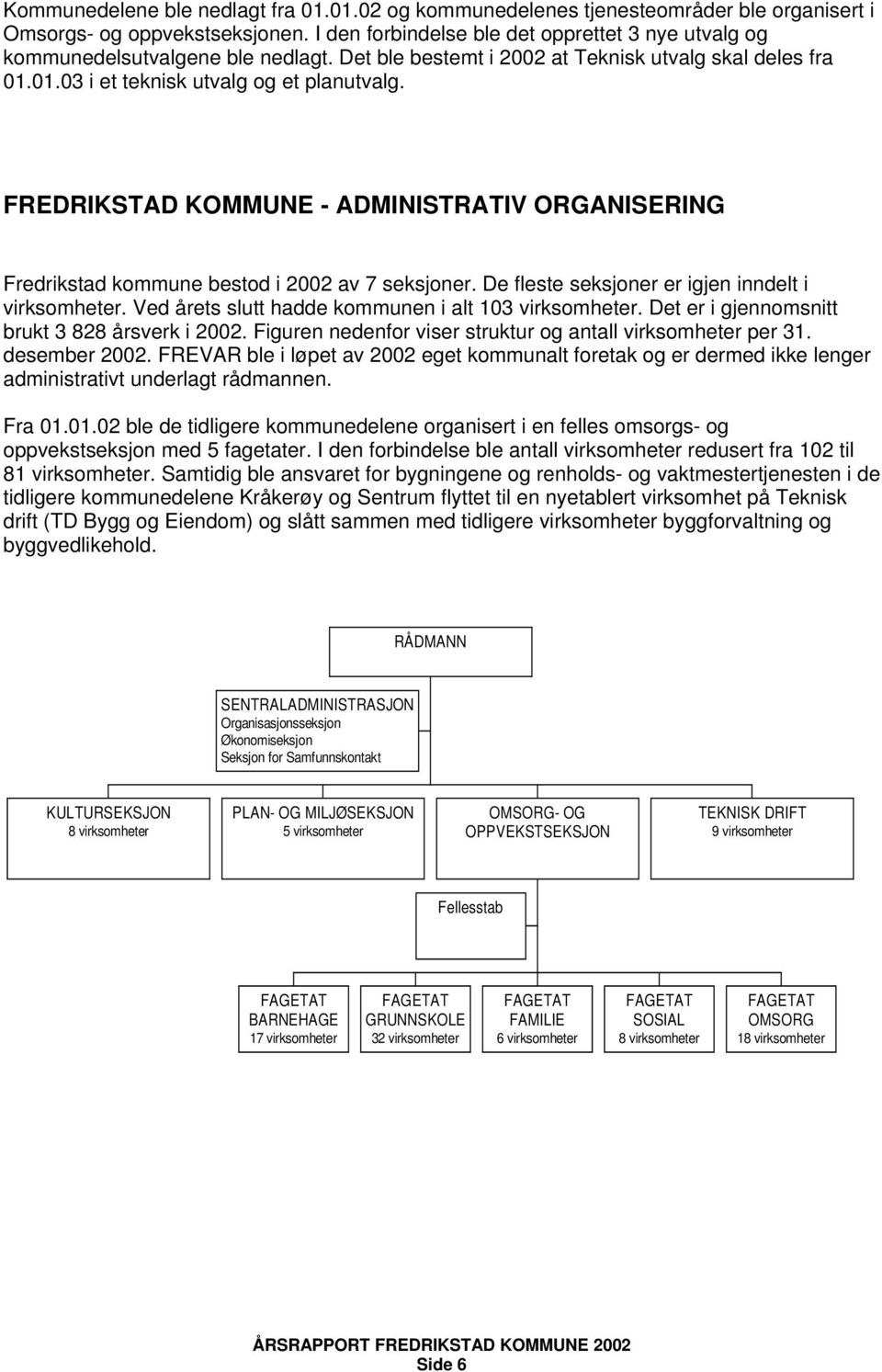 FREDRIKSTAD KOMMUNE - ADMINISTRATIV ORGANISERING Fredrikstad kommune bestod i 2002 av 7 seksjoner. De fleste seksjoner er igjen inndelt i virksomheter.