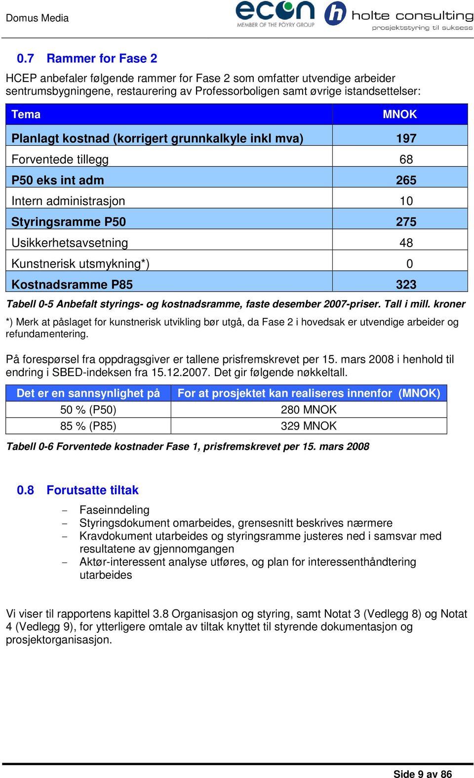 P85 323 Tabell 0-5 Anbefalt styrings- og kostnadsramme, faste desember 2007-priser. Tall i mill.