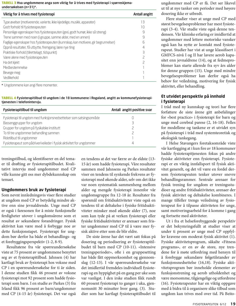 humør, ikke så streng) Trene sammen med noen (i gruppe, samme alder, med en annen) Faglige egenskaper hos fysioterapeuten (kunnskap, kan motivere, gir begrunnelser) Oppnå resultater, få utbytte,