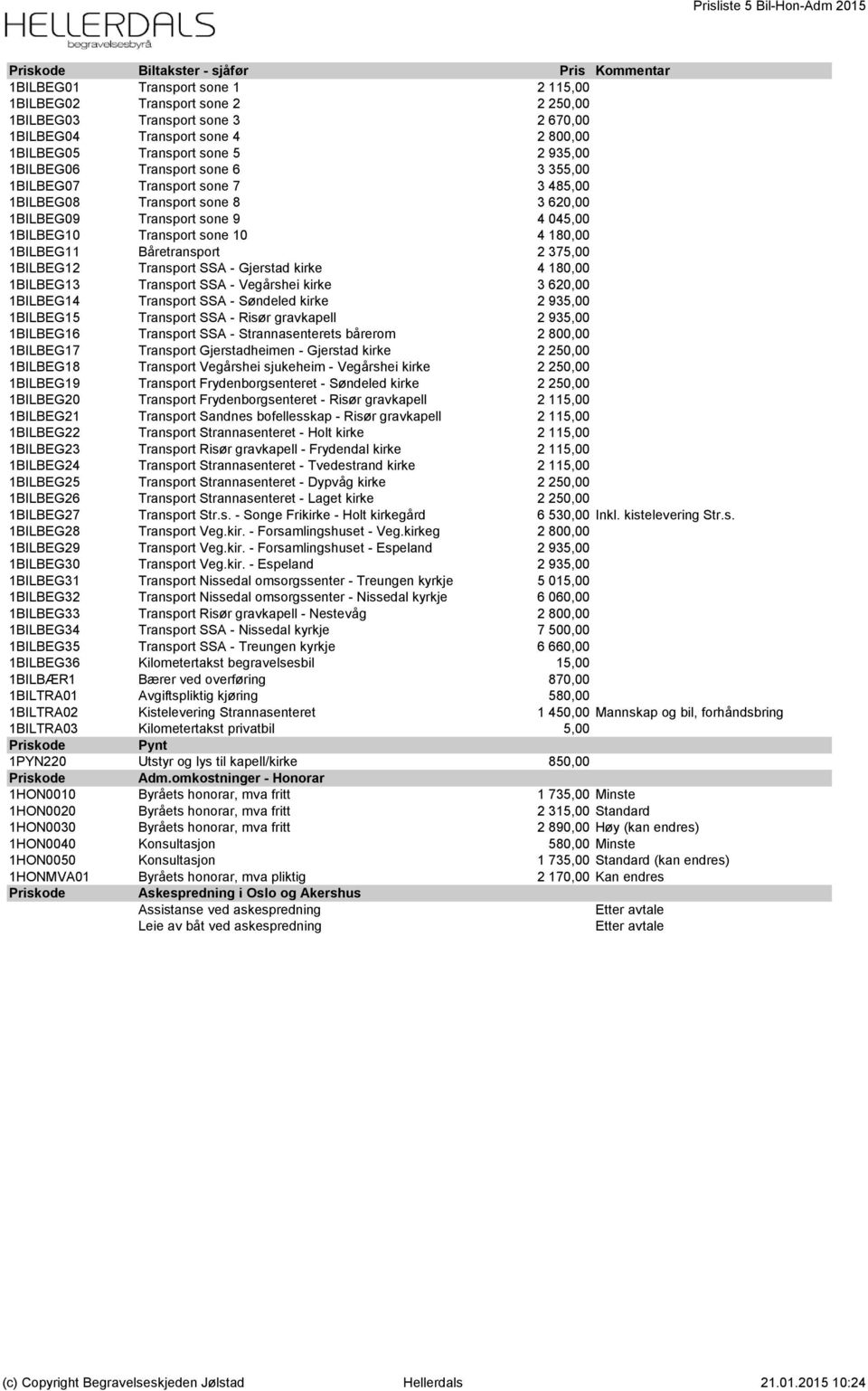 0,00 1BILBEG09 Transport sone 9 4 045,00 0,00 1BILBEG10 Transport sone 10 4 180,00 0,00 1BILBEG11 Båretransport 2 375,00 0,00 1BILBEG12 Transport SSA - Gjerstad kirke 4 180,00 0,00 1BILBEG13