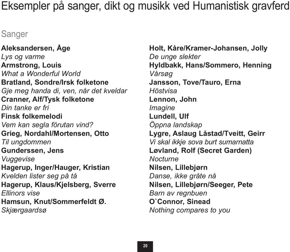 Grieg, Nordahl/Mortensen, Otto Til ungdommen Gunderssen, Jens Vuggevise Hagerup, Inger/Hauger, Kristian Kvelden lister seg på tå Hagerup, Klaus/Kjelsberg, Sverre Ellinors vise Hamsun,