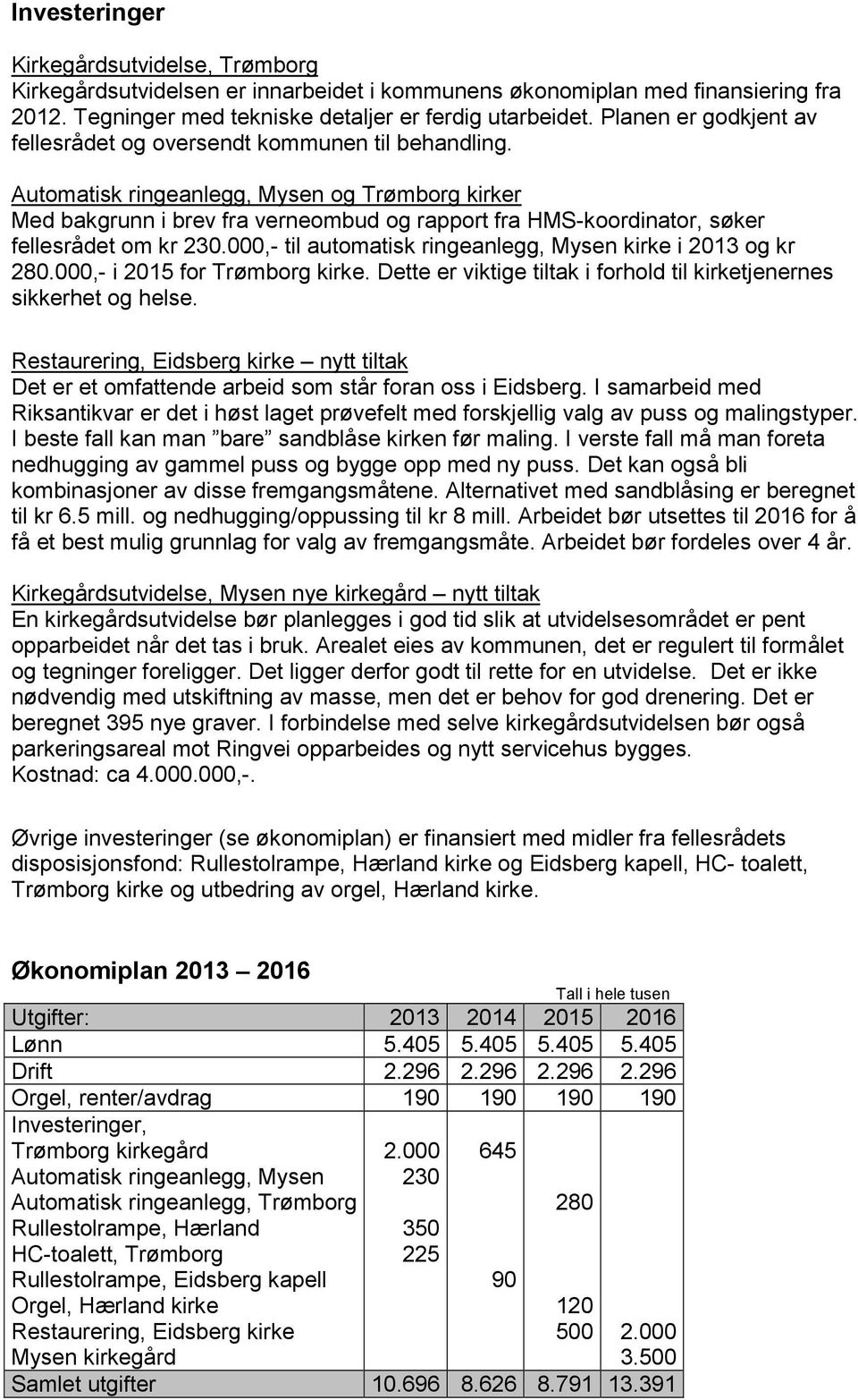 Automatisk ringeanlegg, Mysen og Trømborg kirker Med bakgrunn i brev fra verneombud og rapport fra HMS-koordinator, søker fellesrådet om kr 230.