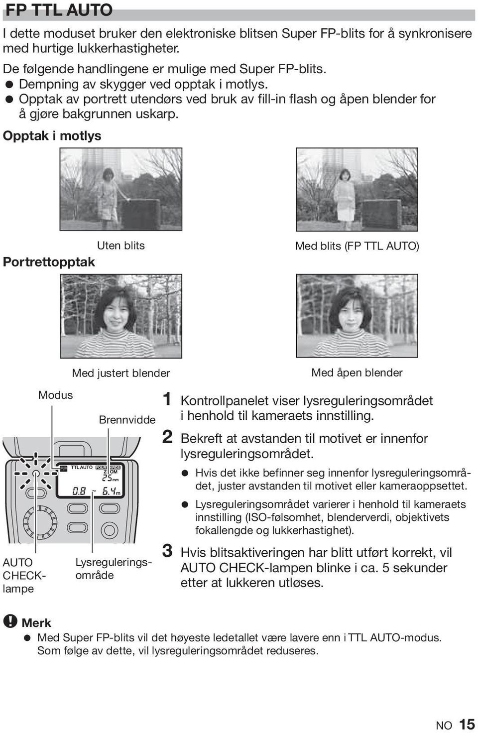Opptak i motlys Uten blits Portrettopptak Med blits (FP TTL AUTO) AUTO CHECKlampe Modus Med justert blender Brennvidde Lysreguleringsområde Med åpen blender 1 Kontrollpanelet viser