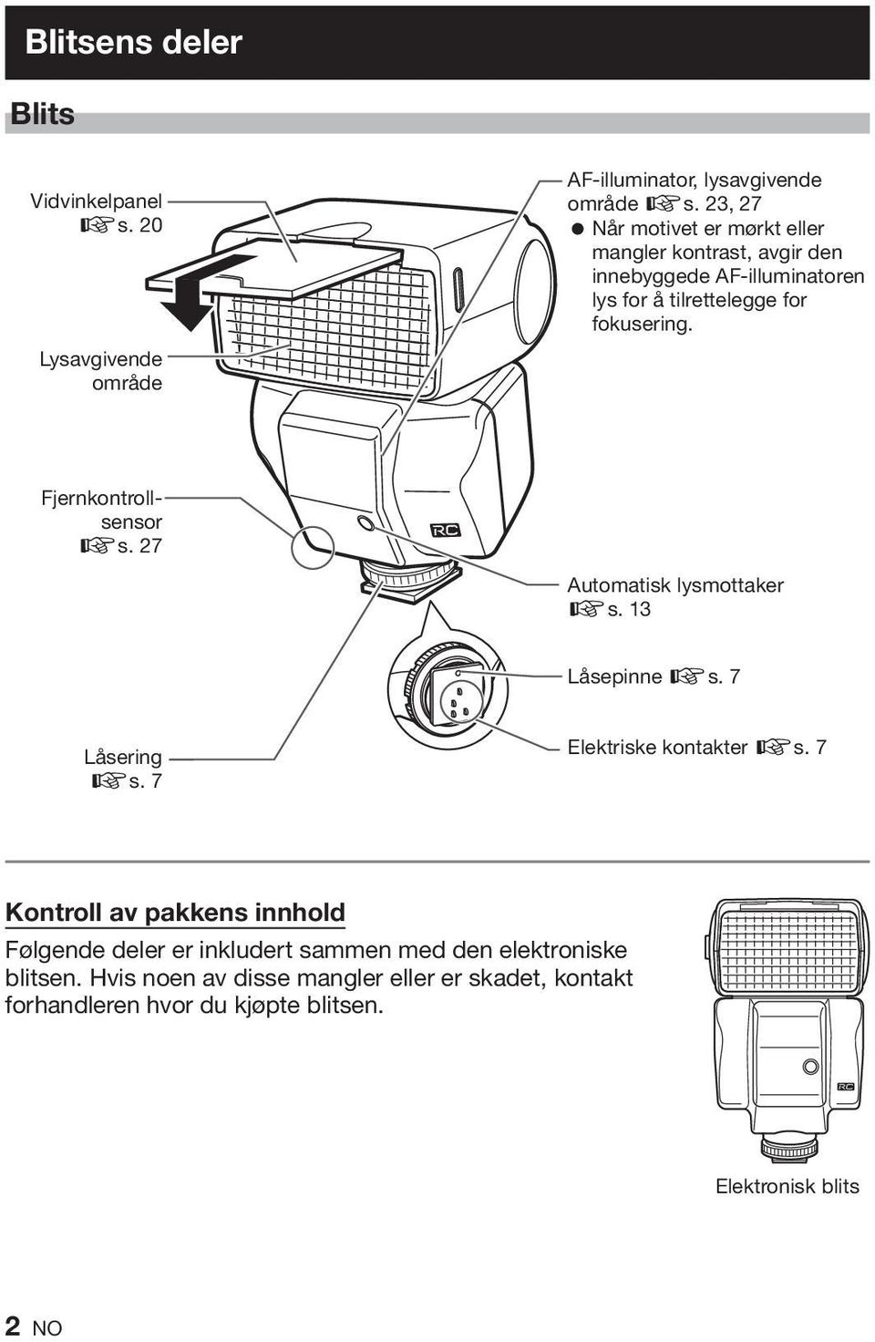 Fjernkontrollsensor gs. 27 Automatisk lysmottaker gs. 13 Låsepinne gs. 7 Låsering gs. 7 Elektriske kontakter gs.