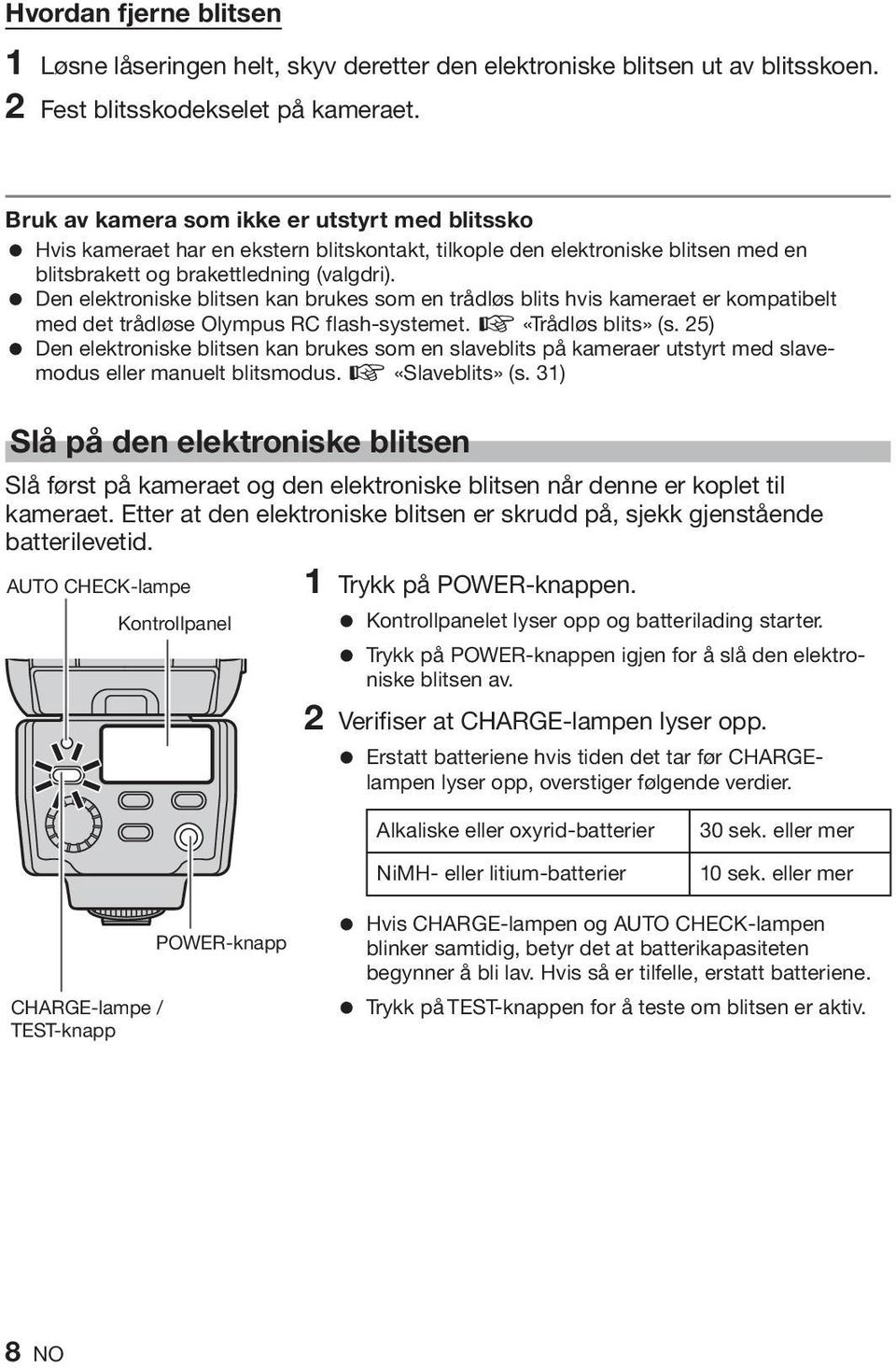 = Den elektroniske blitsen kan brukes som en trådløs blits hvis kameraet er kompatibelt med det trådløse Olympus RC flash-systemet. g «Trådløs blits» (s.