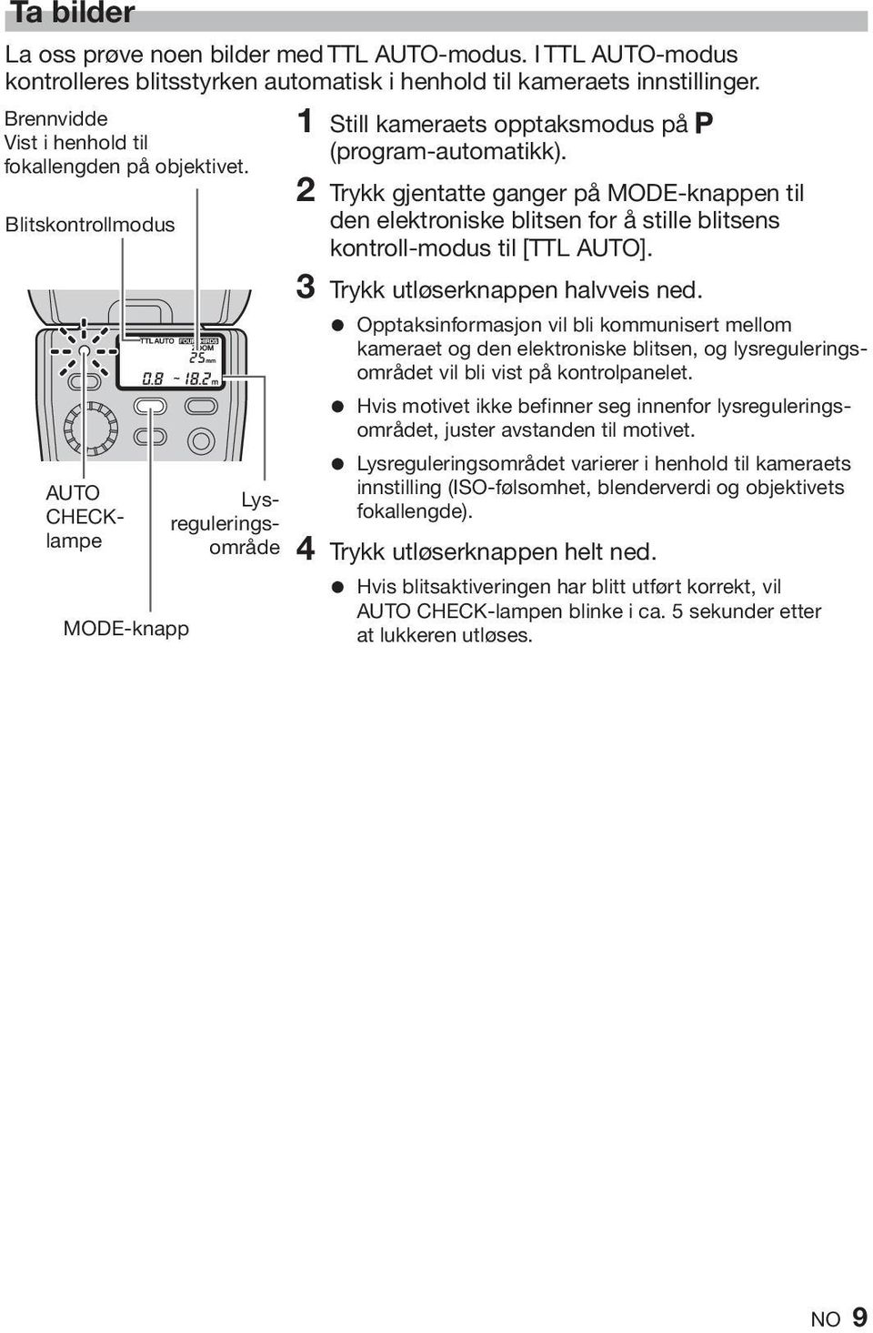 2 Trykk gjentatte ganger på MODE-knappen til den elektroniske blitsen for å stille blitsens kontroll-modus til [TTL AUTO]. 3 Trykk utløserknappen halvveis ned.