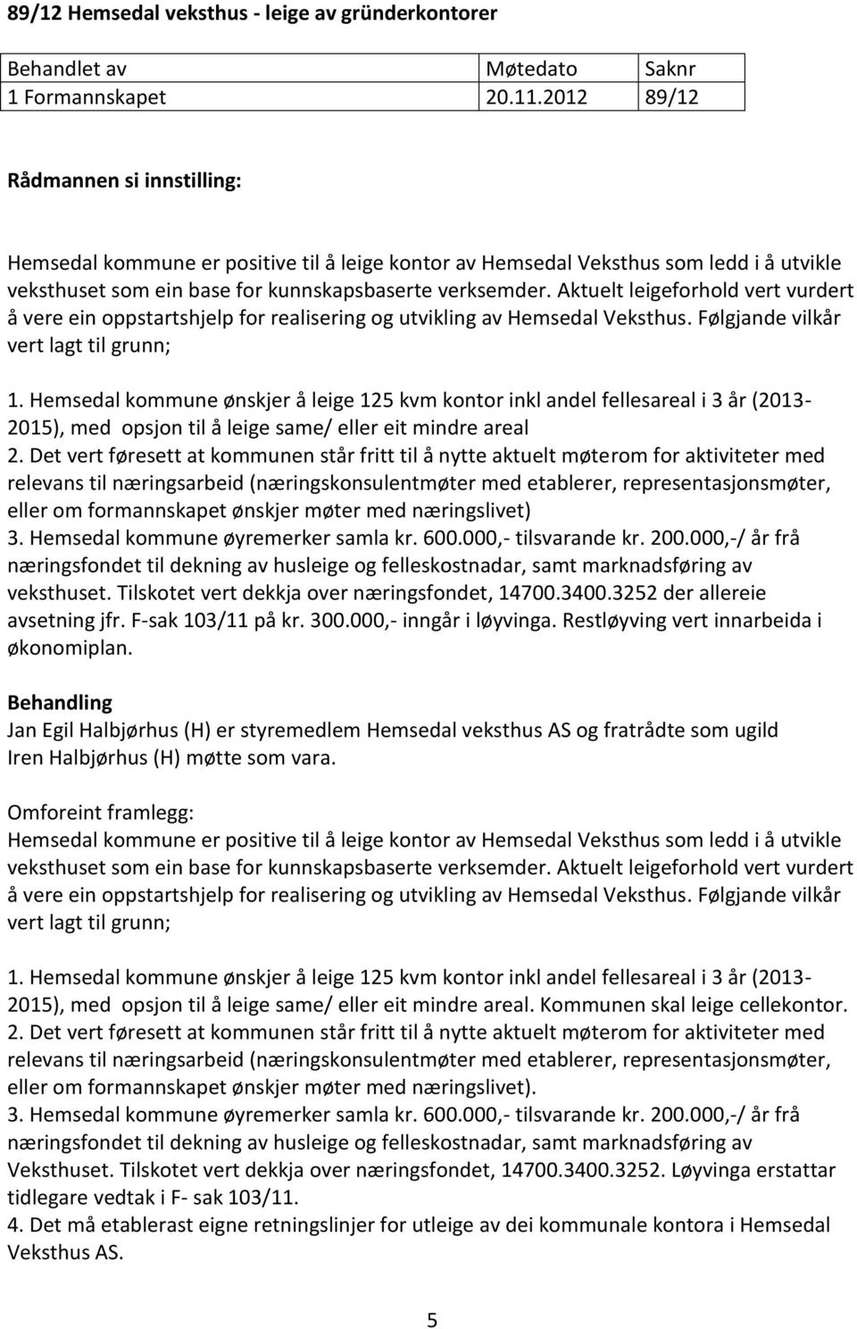 Aktuelt leigeforhold vert vurdert å vere ein oppstartshjelp for realisering og utvikling av Hemsedal Veksthus. Følgjande vilkår vert lagt til grunn; 1.