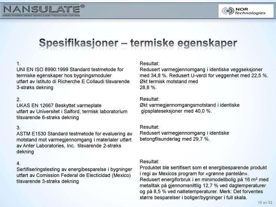 ASTM E1530 Standard testmetode for evaluering av motstand mot varmegjennomgang i materialer utført av Anter Laboratories, Inc. tilsvarende 2-strøks dekning 4.