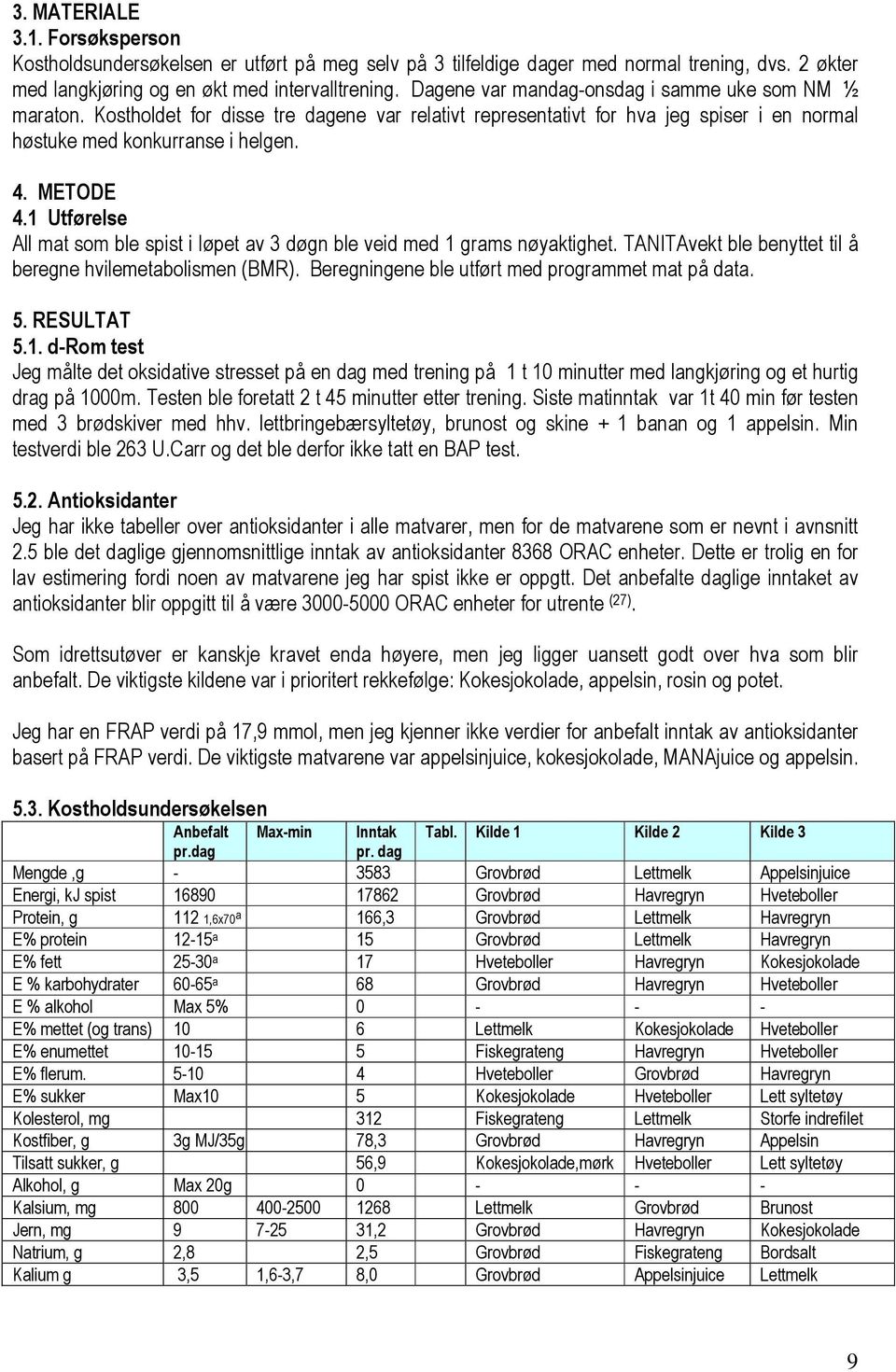1 Utførelse All mat som ble spist i løpet av 3 døgn ble veid med 1 grams nøyaktighet. TANITAvekt ble benyttet til å beregne hvilemetabolismen (BMR). Beregningene ble utført med programmet mat på data.