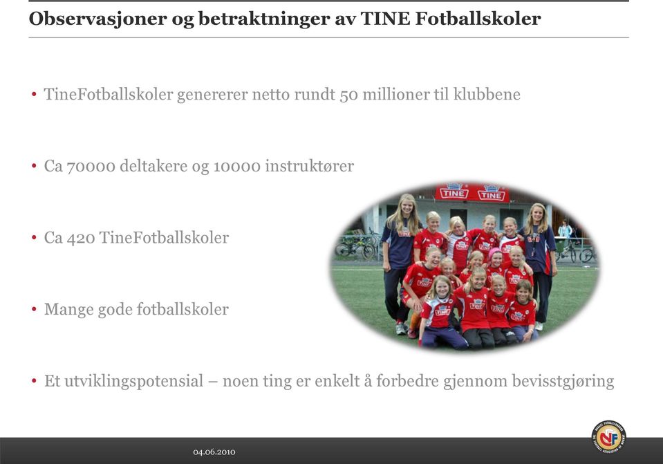 10000 instruktører Ca 420 TineFotballskoler Mange gode fotballskoler Et