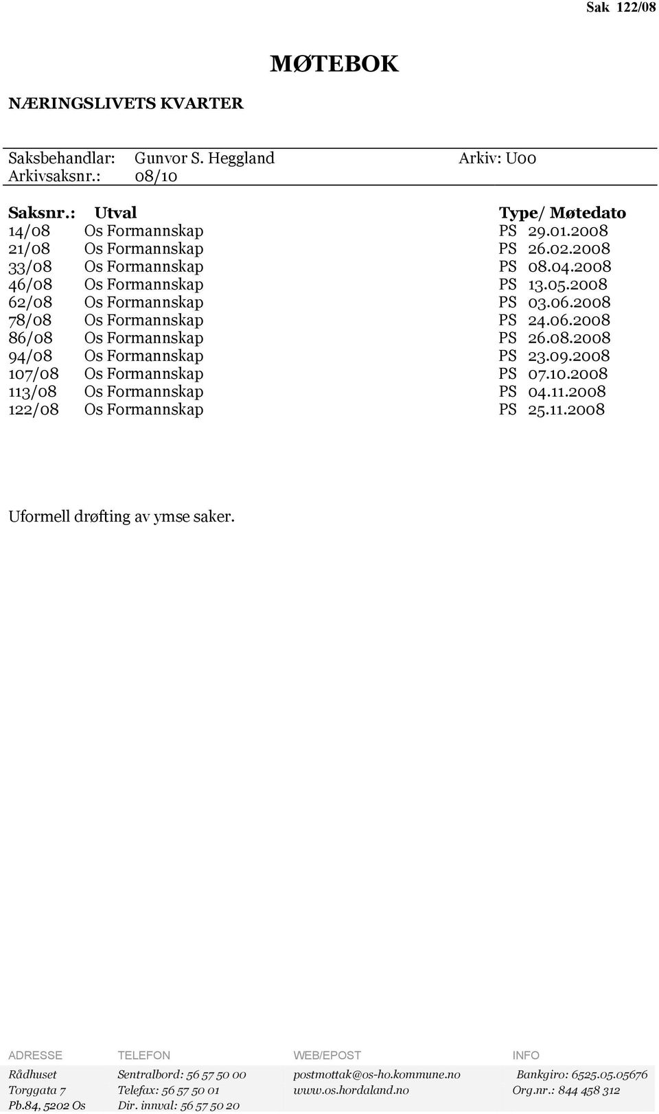 08.2008 94/08 Os Formannskap PS 23.09.2008 107/08 Os Formannskap PS 07.10.2008 113/08 Os Formannskap PS 04.11.2008 122/08 Os Formannskap PS 25.11.2008 Uformell drøfting av ymse saker.