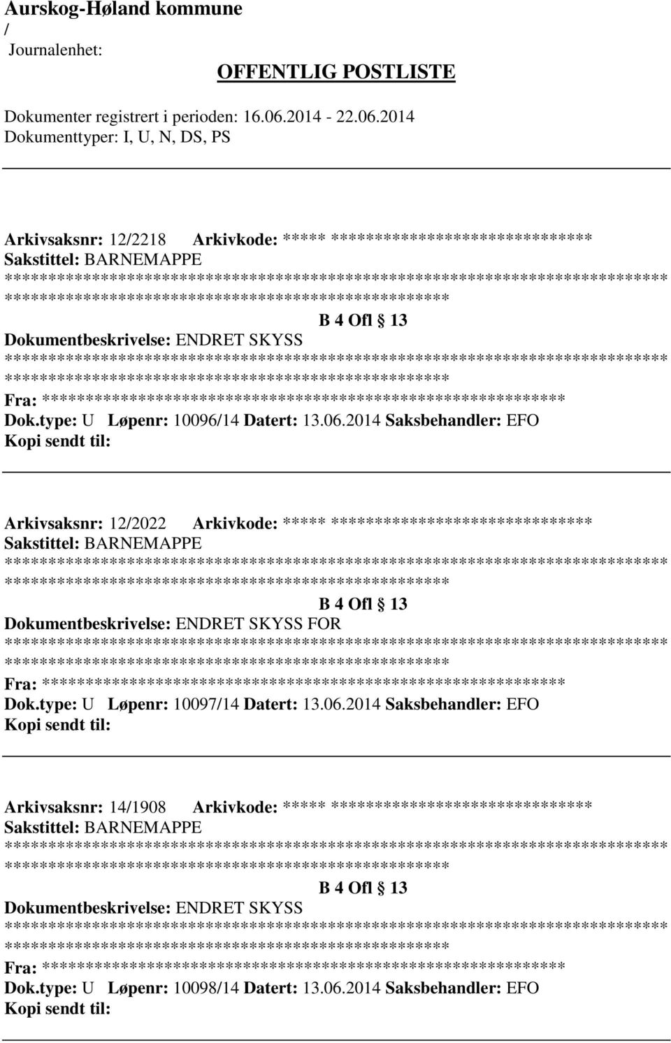 2014 Saksbehandler: EFO Arkivsaksnr: 122022 Arkivkode: ***** ****************************** ************************* B 4 Ofl 13 Dokumentbeskrivelse: ENDRET SKYSS FOR