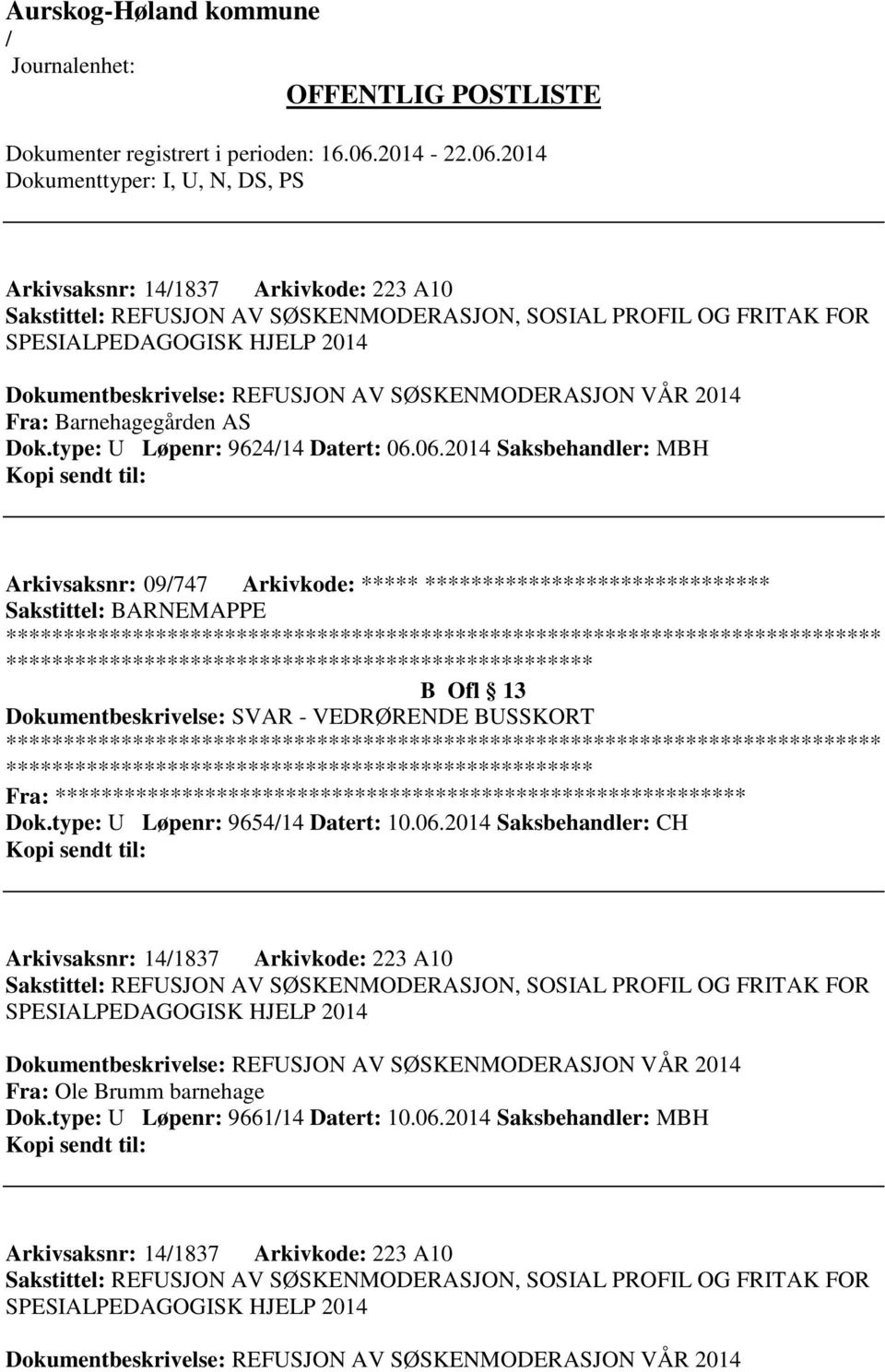 06.2014 Saksbehandler: MBH Arkivsaksnr: 09747 Arkivkode: ***** ****************************** ************************* B Ofl 13 Dokumentbeskrivelse: SVAR - VEDRØRENDE BUSSKORT