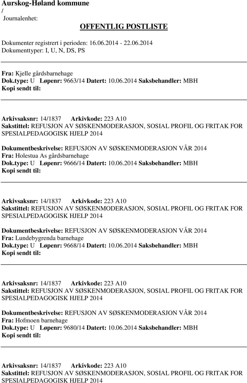 SØSKENMODERASJON VÅR 2014 Fra: Holestua As gårdsbarnehage Dok.type: U Løpenr: 966614 Datert: 10.06. SØSKENMODERASJON VÅR 2014 Fra: Lundebygrenda barnehage Dok.type: U Løpenr: 966814 Datert: 10.06. SØSKENMODERASJON VÅR 2014 Fra: Hofmoen barnehage Dok.