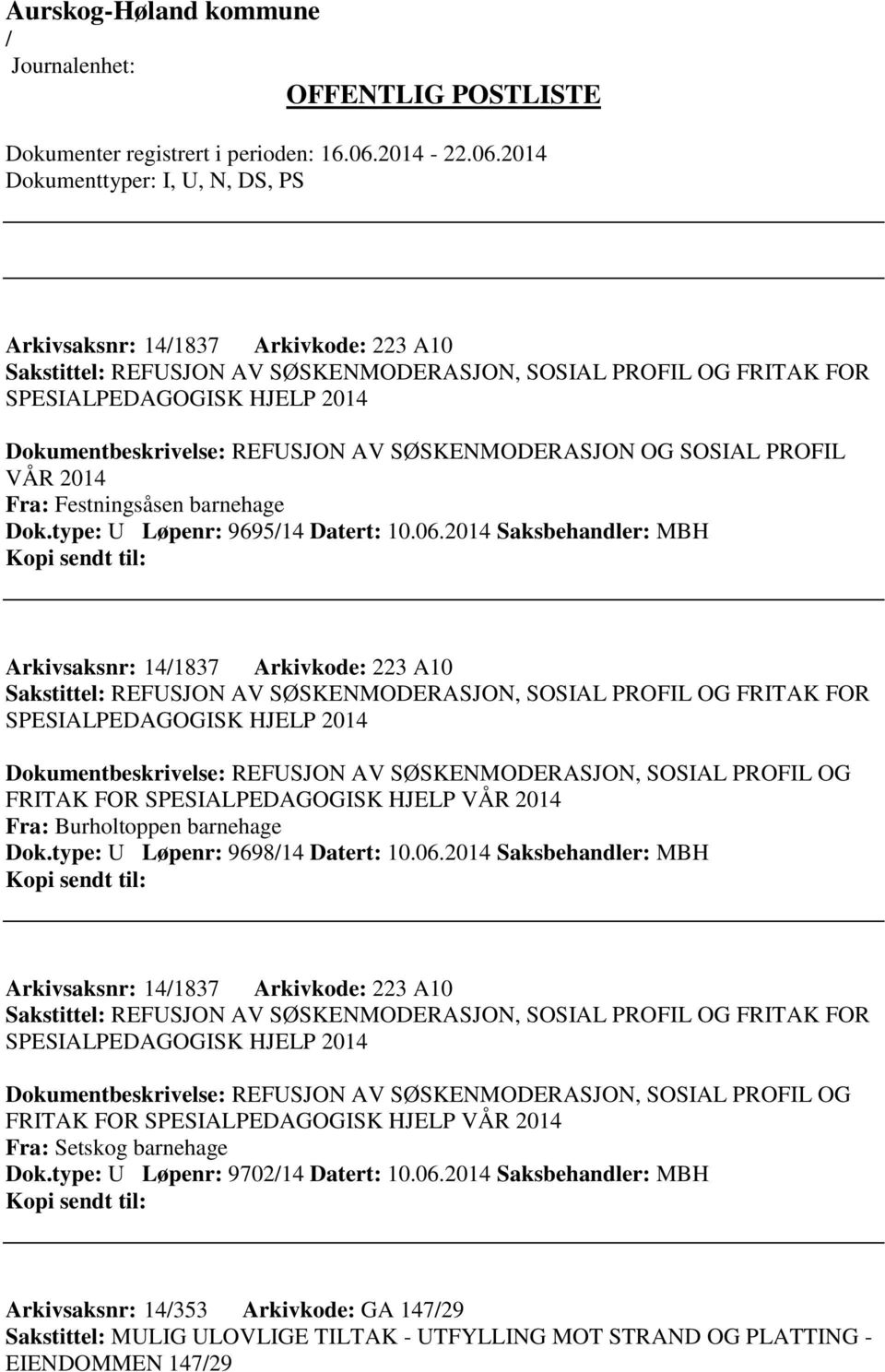 2014 Saksbehandler: MBH Arkivsaksnr: 141837 Arkivkode: 223 A10 Sakstittel: REFUSJON AV SØSKENMODERASJON, SOSIAL PROFIL OG FRITAK FOR SPESIALPEDAGOGISK HJELP 2014 Dokumentbeskrivelse: REFUSJON AV