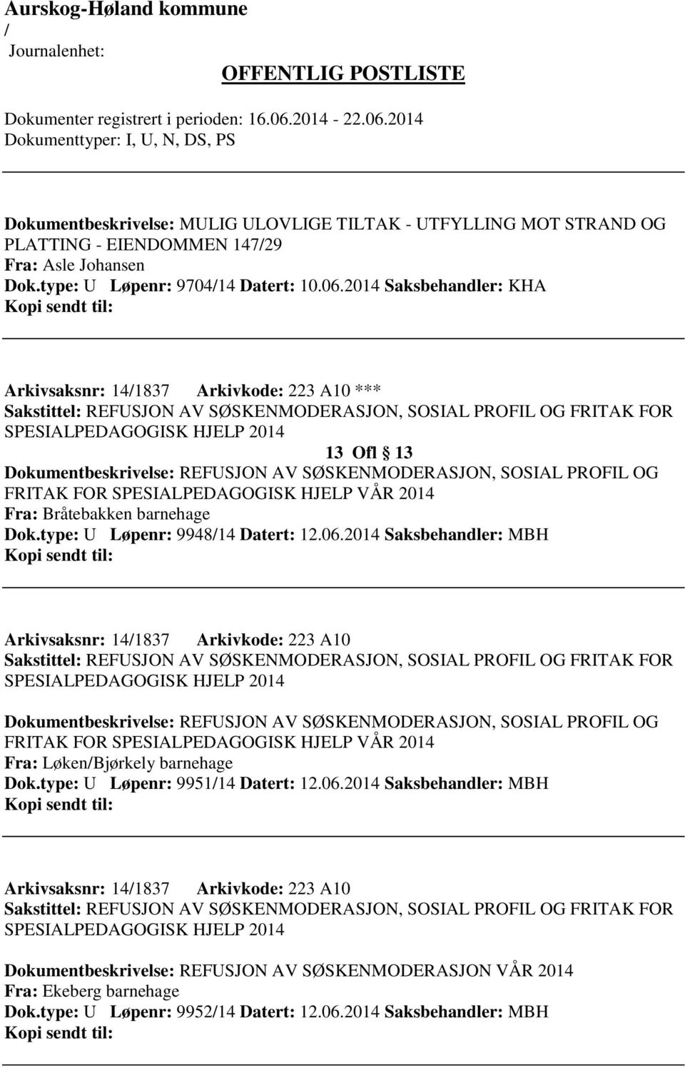 REFUSJON AV SØSKENMODERASJON, SOSIAL PROFIL OG FRITAK FOR SPESIALPEDAGOGISK HJELP VÅR 2014 Fra: Bråtebakken barnehage Dok.type: U Løpenr: 994814 Datert: 12.06.