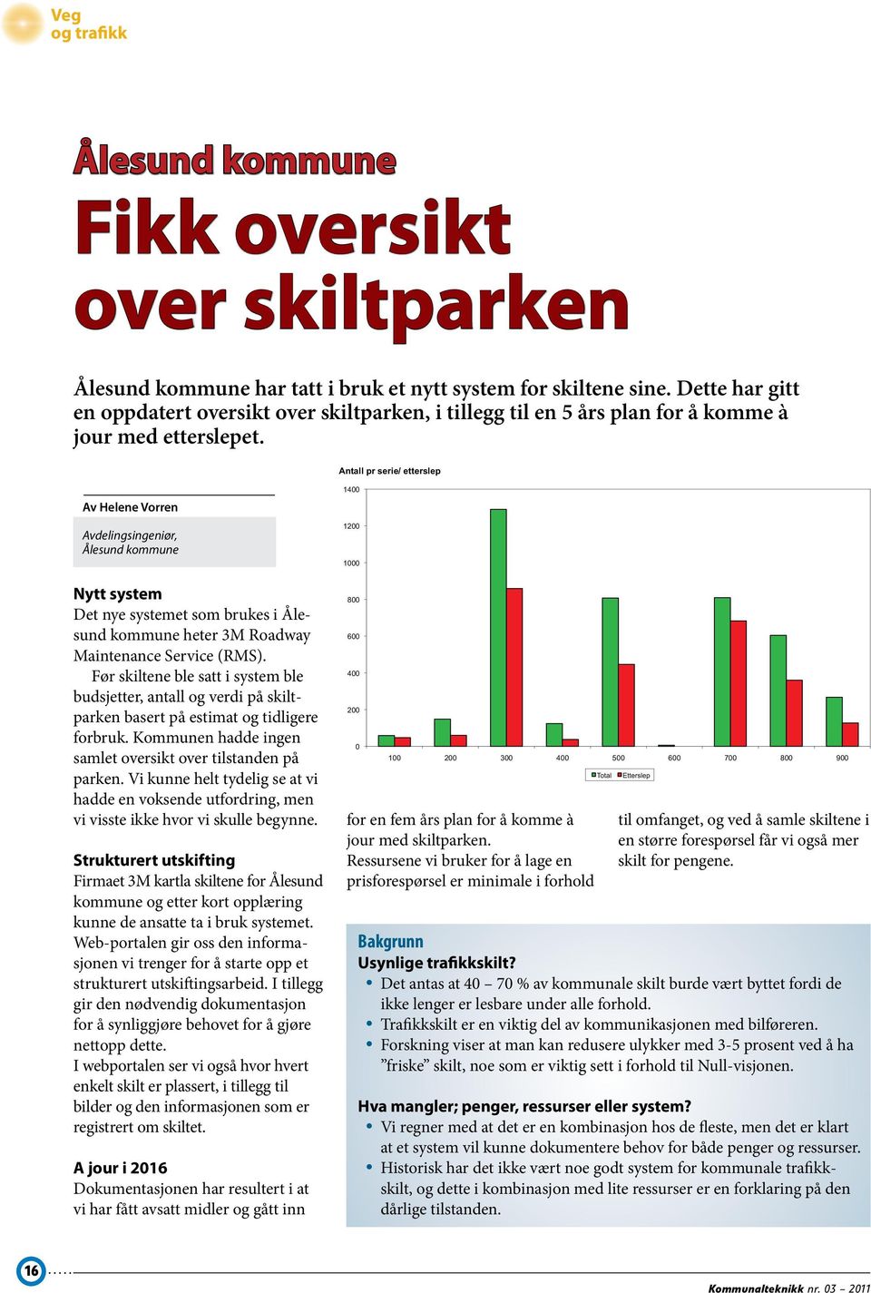 Antall pr serie/ etterslep Av Helene Vorren Avdelingsingeniør, Ålesund kommune Nytt system Det nye systemet som brukes i Ålesund kommune heter 3M Roadway Maintenance Service (RMS).