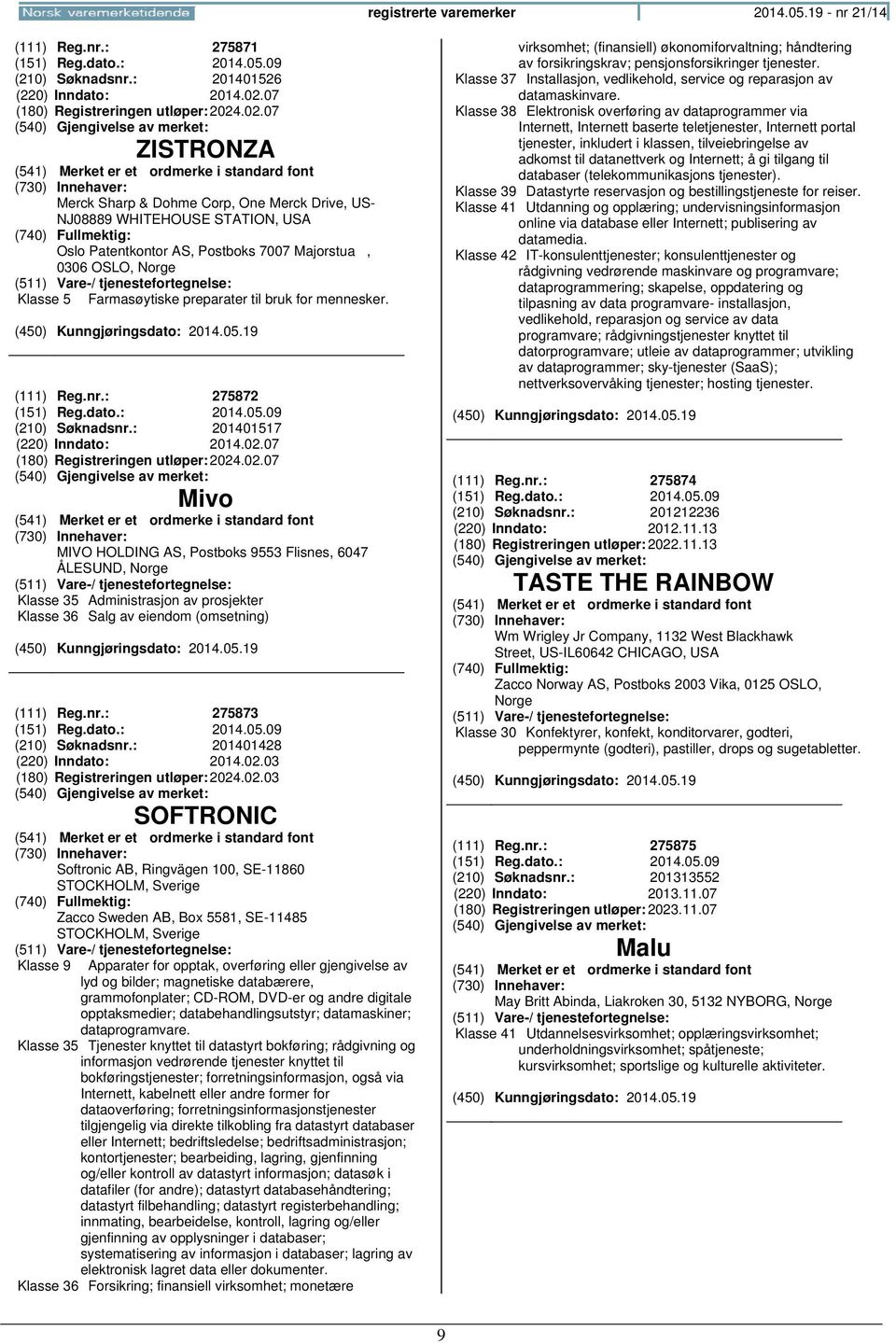 .02.07 ZISTRONZA Merck Sharp & Dohme Corp, One Merck Drive, US- NJ08889 WHITEHOUSE STATION, USA Oslo Patentkontor AS, Postboks 7007 Majorstua, 0306 OSLO, Klasse 5 Farmasøytiske preparater til bruk