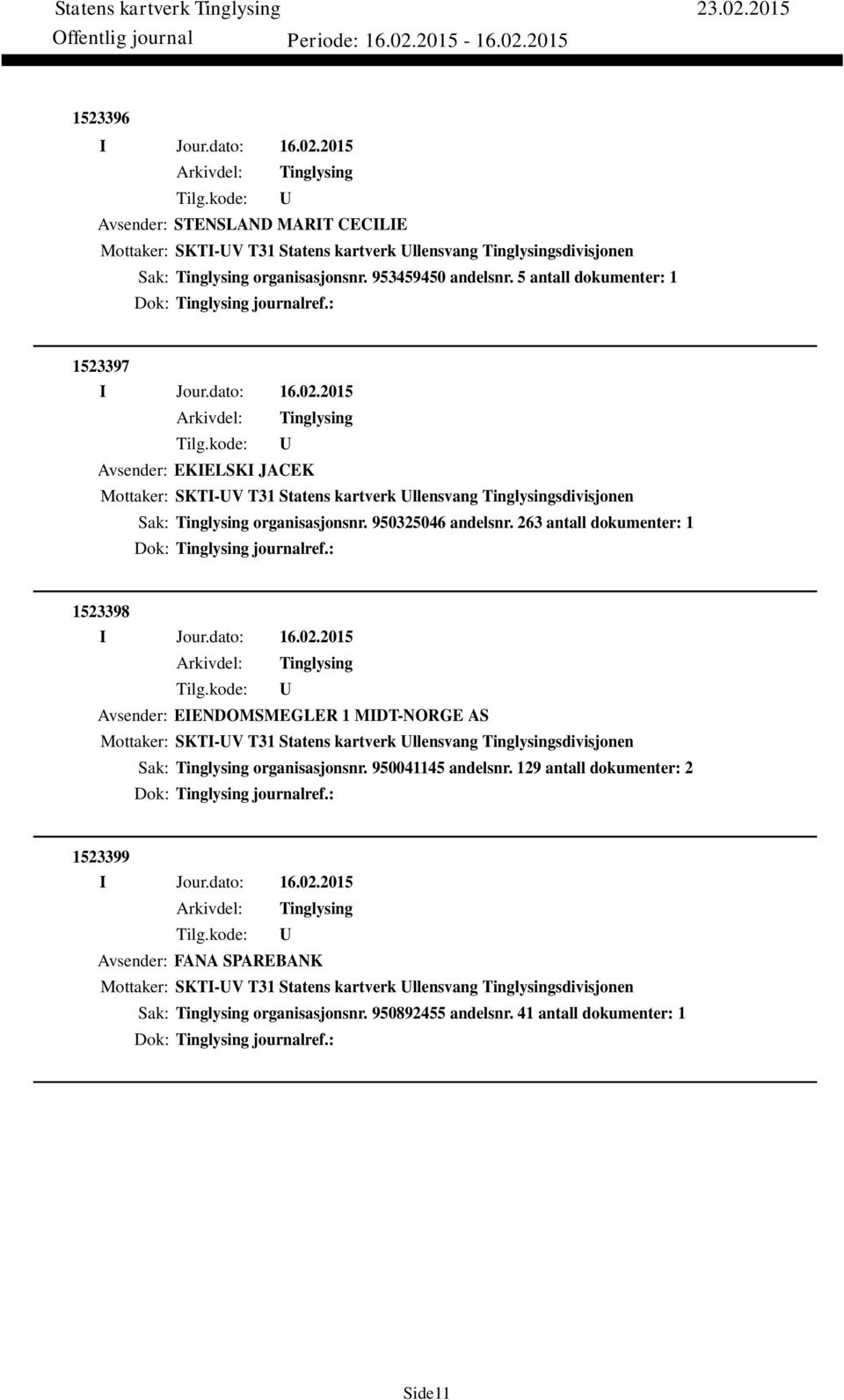 263 antall dokumenter: 1 Dok: journalref.: 1523398 Avsender: EIENDOMSMEGLER 1 MIDT-NORGE AS Mottaker: SKTI-V T31 Statens kartverk llensvang sdivisjonen Sak: organisasjonsnr.