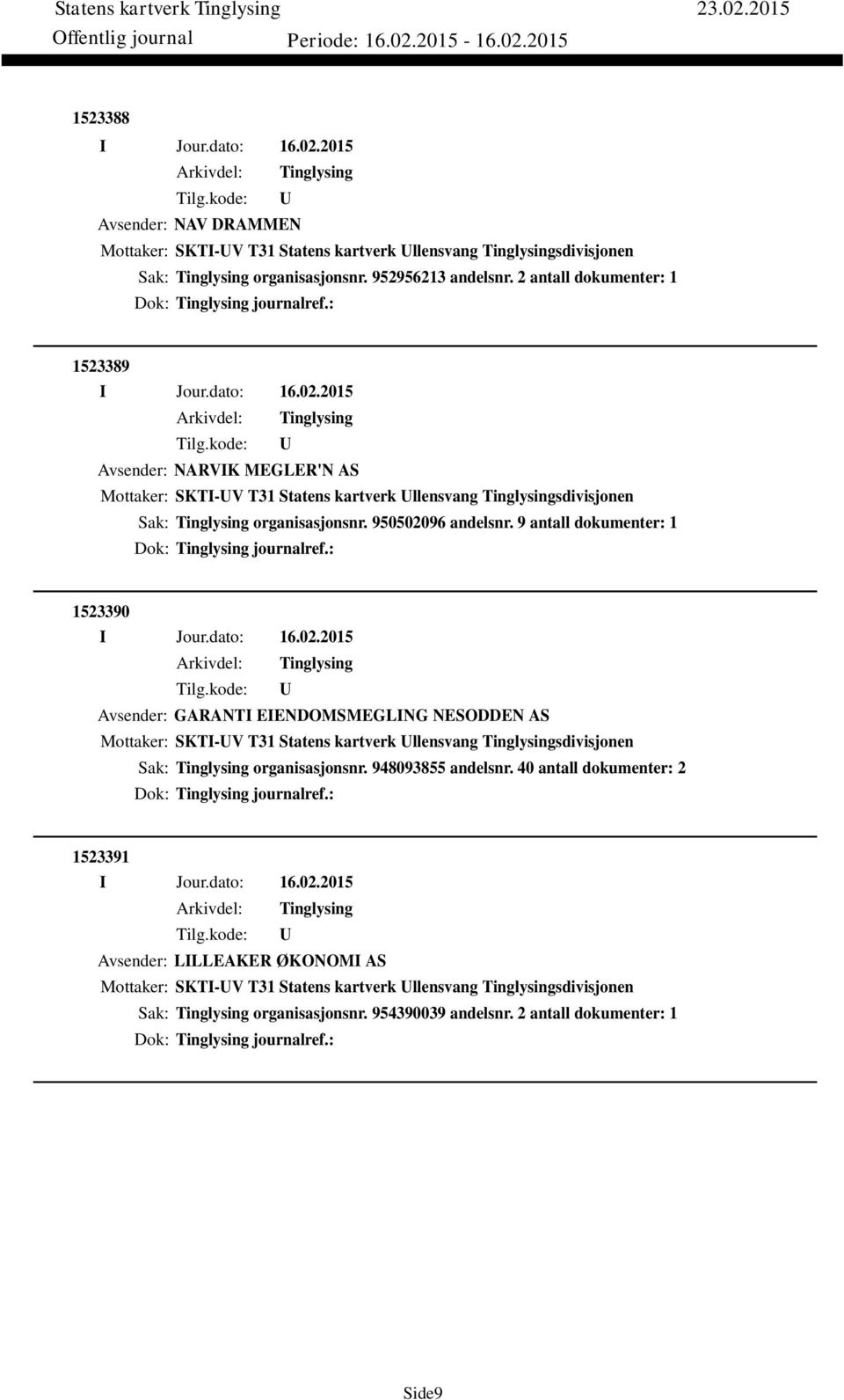 9 antall dokumenter: 1 Dok: journalref.: 1523390 Avsender: GARANTI EIENDOMSMEGLING NESODDEN AS Mottaker: SKTI-V T31 Statens kartverk llensvang sdivisjonen Sak: organisasjonsnr.