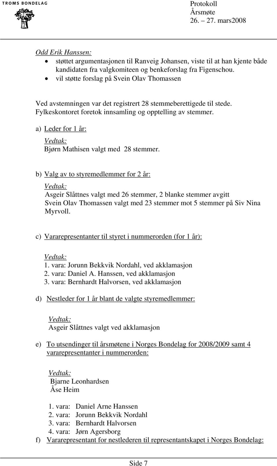 a) Leder for 1 år: Bjørn Mathisen valgt med 28 stemmer.