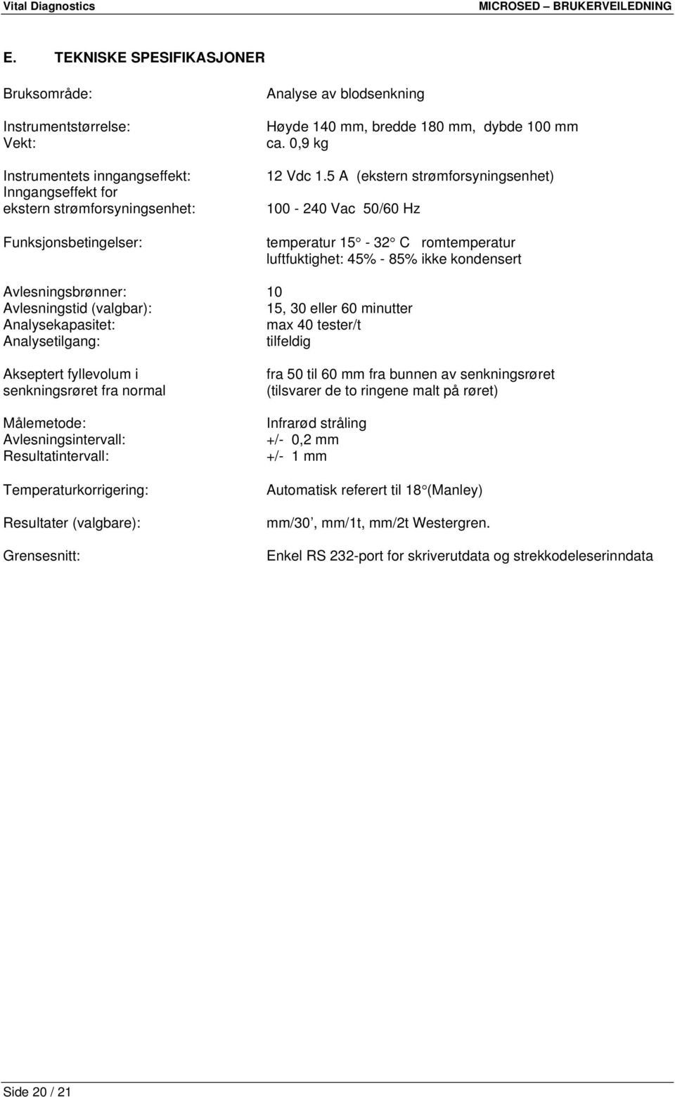 5 A (ekstern strømforsyningsenhet) 100-240 Vac 50/60 Hz temperatur 15-32 C romtemperatur luftfuktighet: 45% - 85% ikke kondensert Avlesningsbrønner: 10 Avlesningstid (valgbar): 15, 30 eller 60