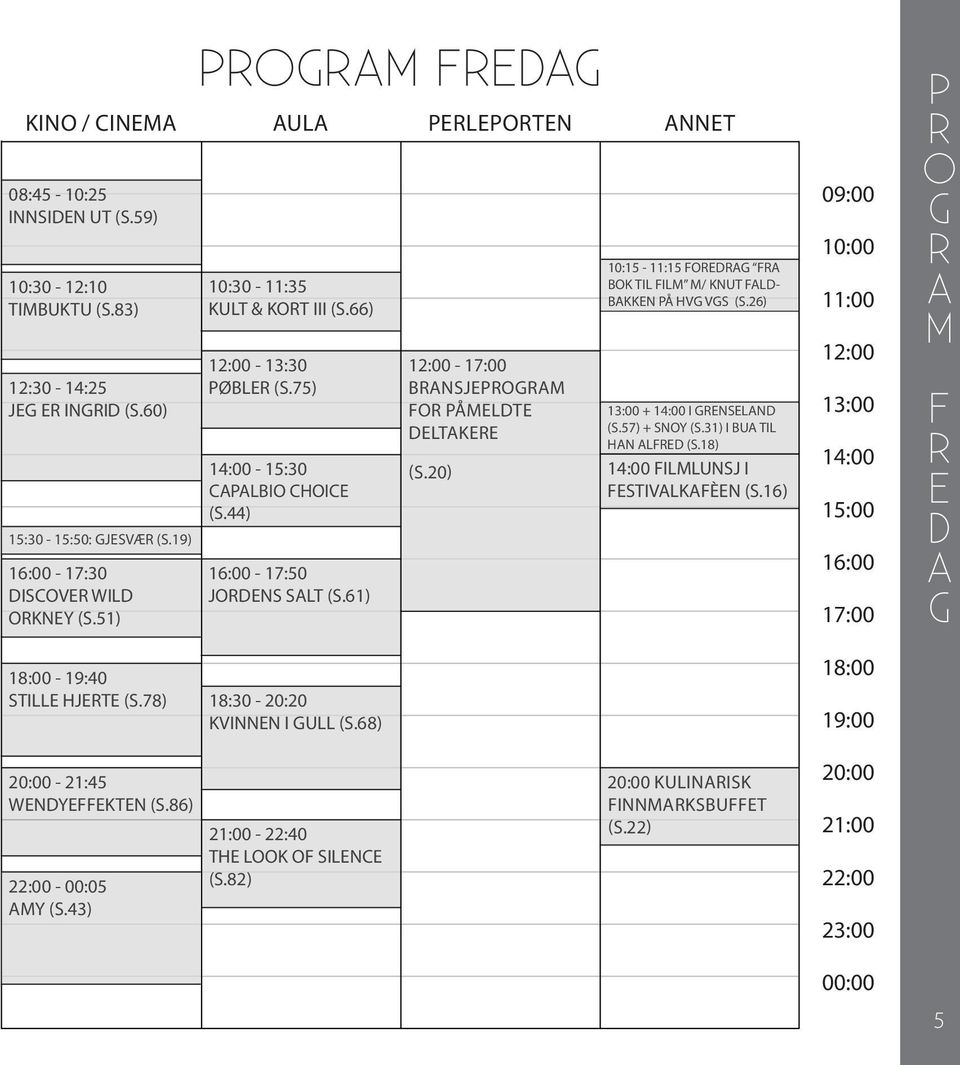 20) 10:15-11:15 FRDRG FR BK TL FLM M/ KUT FLD- BKK PÅ HVG VGS (S.26) 13:00 + 14:00 GRSLD (S.57) + SY (S.31) BU TL H LFRD (S.18) 14:00 FLMLUSJ FSTVLKFÈ (S.