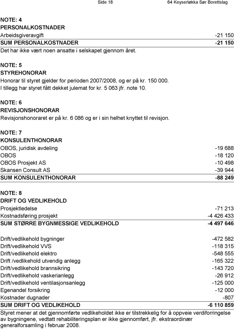 NOTE: 6 REVISJONSHONORAR Revisjonshonoraret er på kr. 6 086 og er i sin helhet knyttet til revisjon.