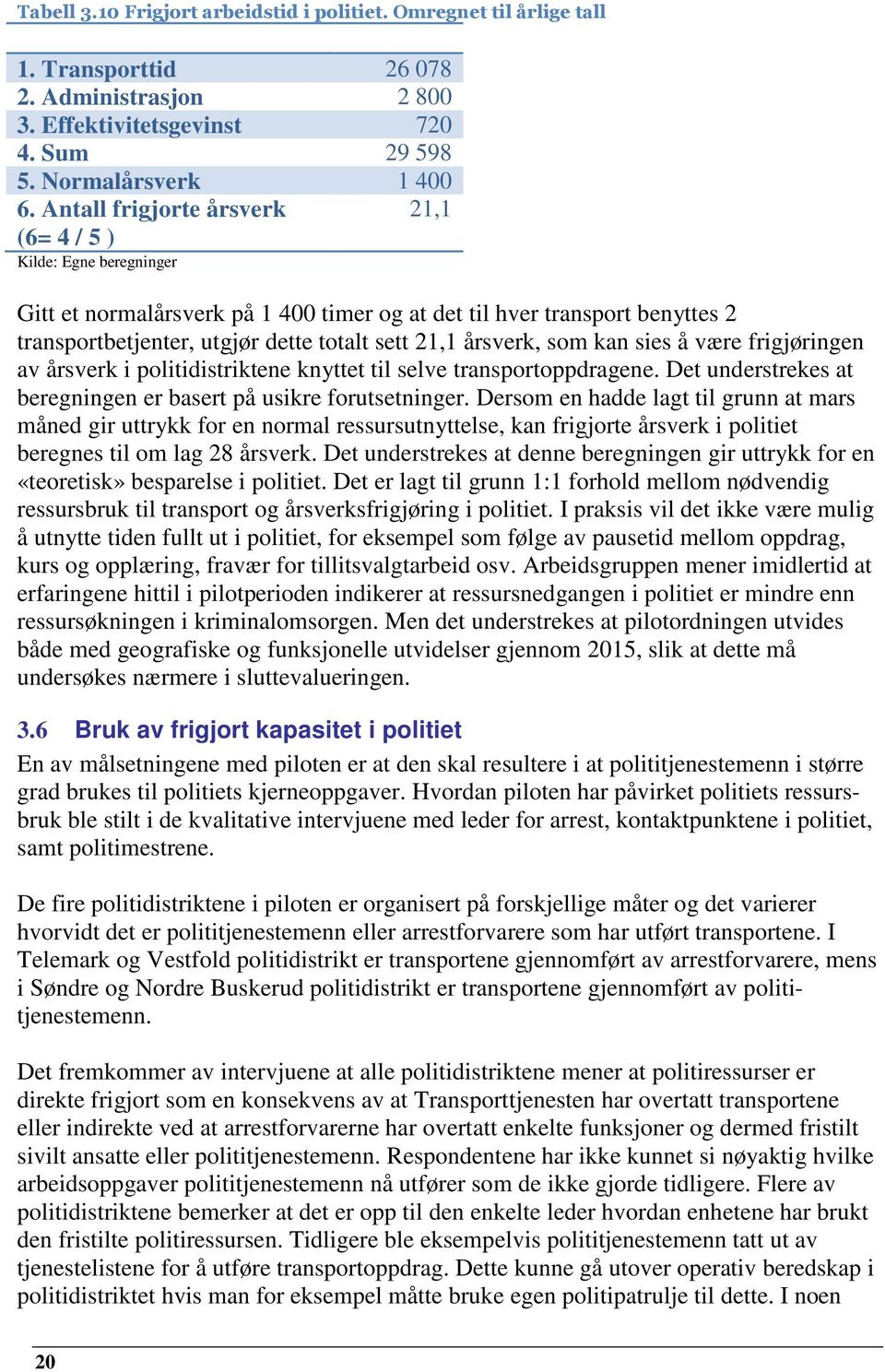 årsverk, som kan sies å være frigjøringen av årsverk i politidistriktene knyttet til selve transportoppdragene. Det understrekes at beregningen er basert på usikre forutsetninger.